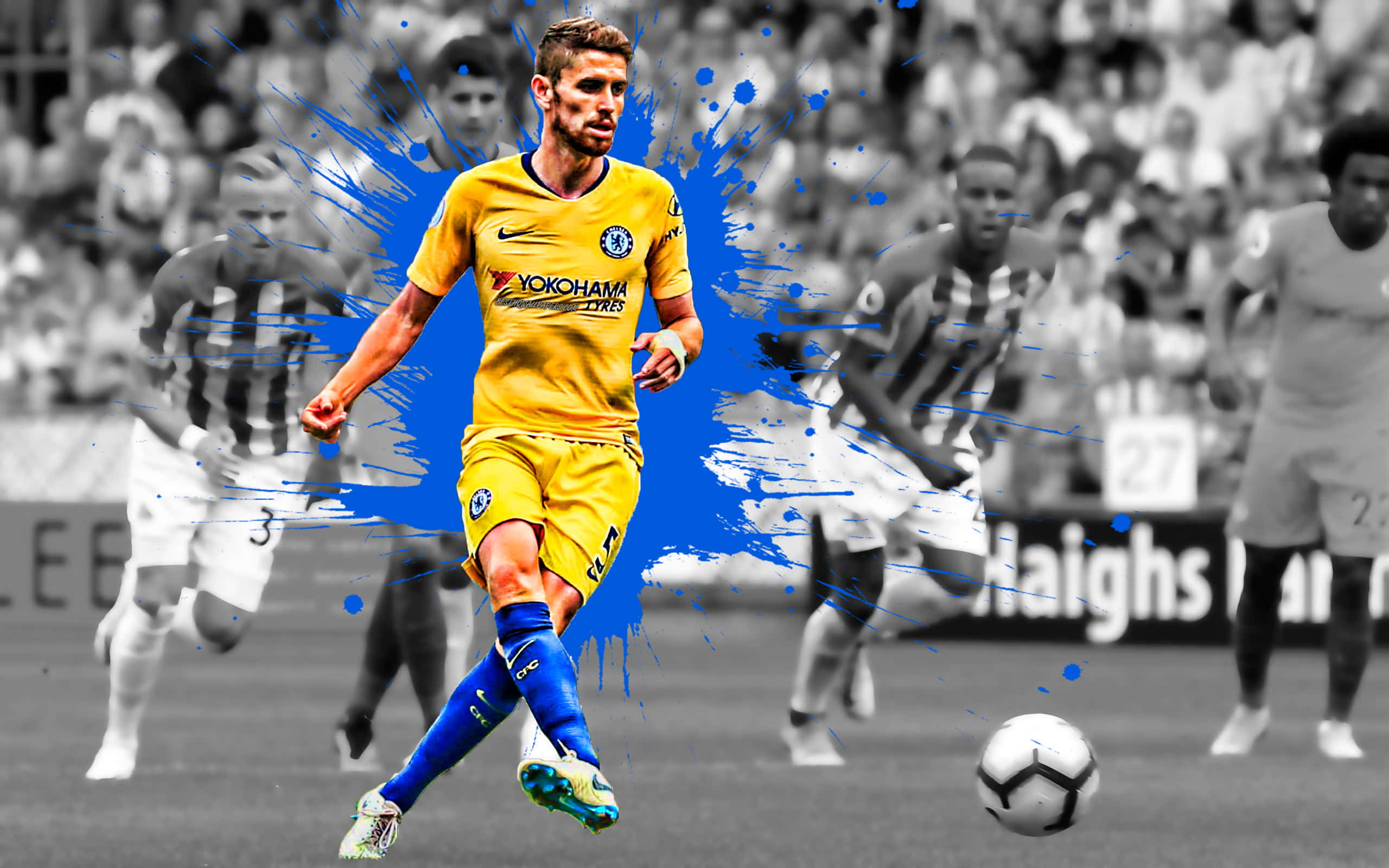 Jorge Luiz Frello Filho, yellow Chelsea kit, blue paint splatters, 2K Desktop Wallpaper