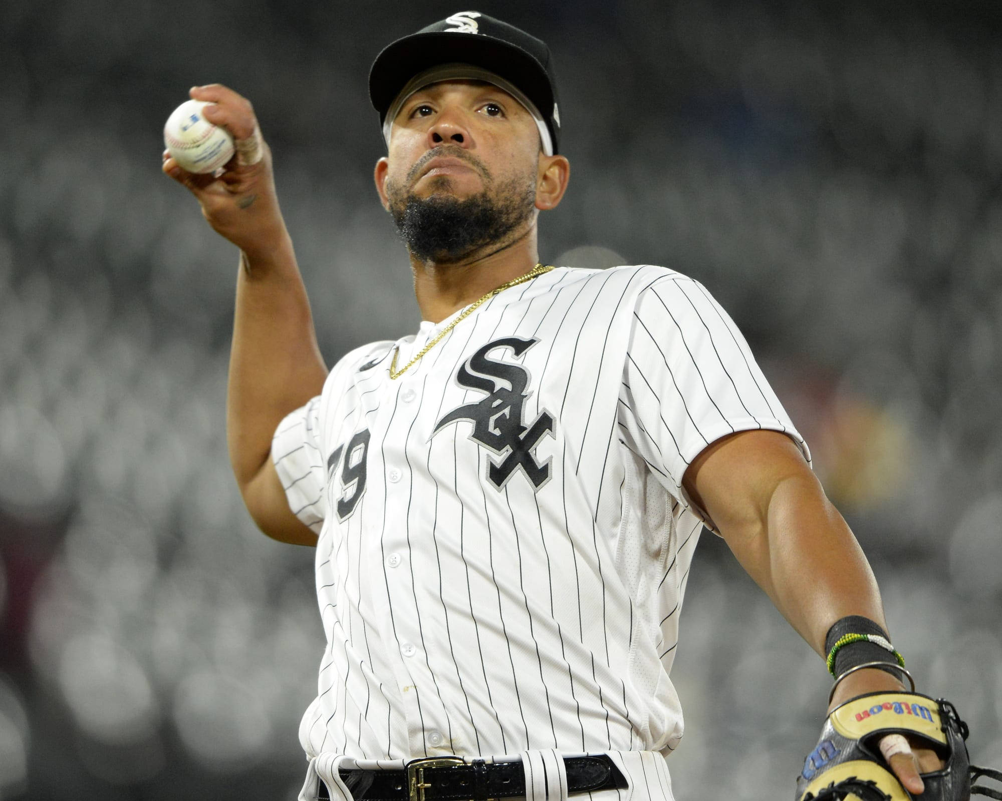 Jose Abreu, white pinstripe Sox uniform, stadium lights, Full HD Desktop Wallpaper