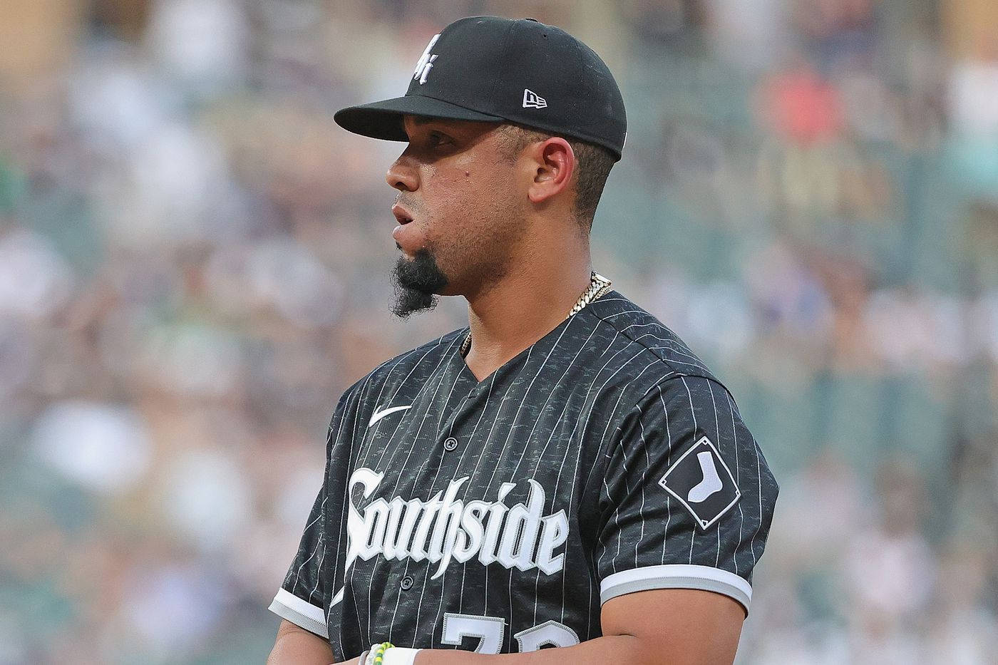 Jose Abreu, black pinstripe Southside jersey, stadium crowd, HD Desktop Wallpaper