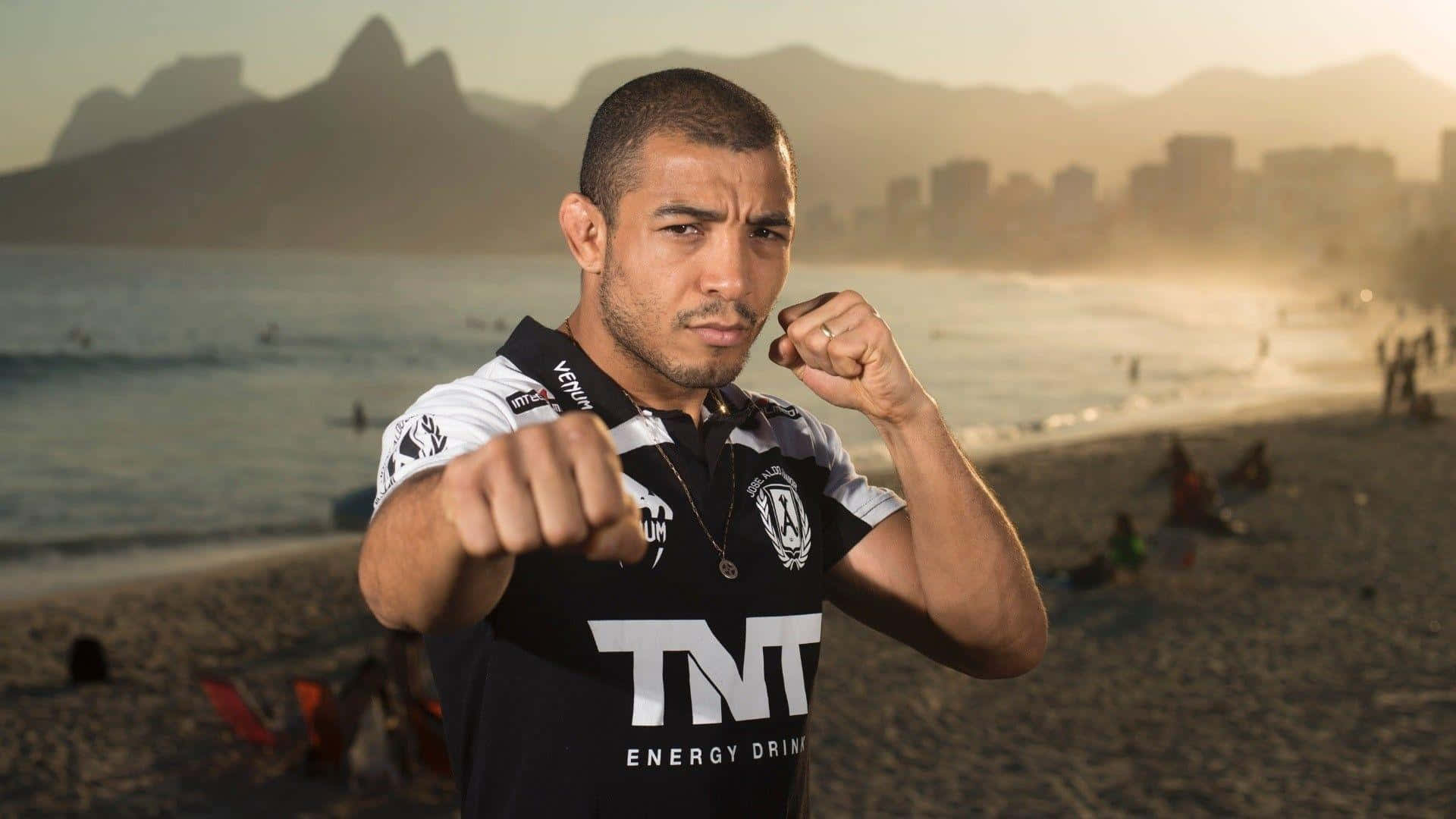 José Aldo, sunset beach, black and white jersey, Full HD Desktop Wallpaper
