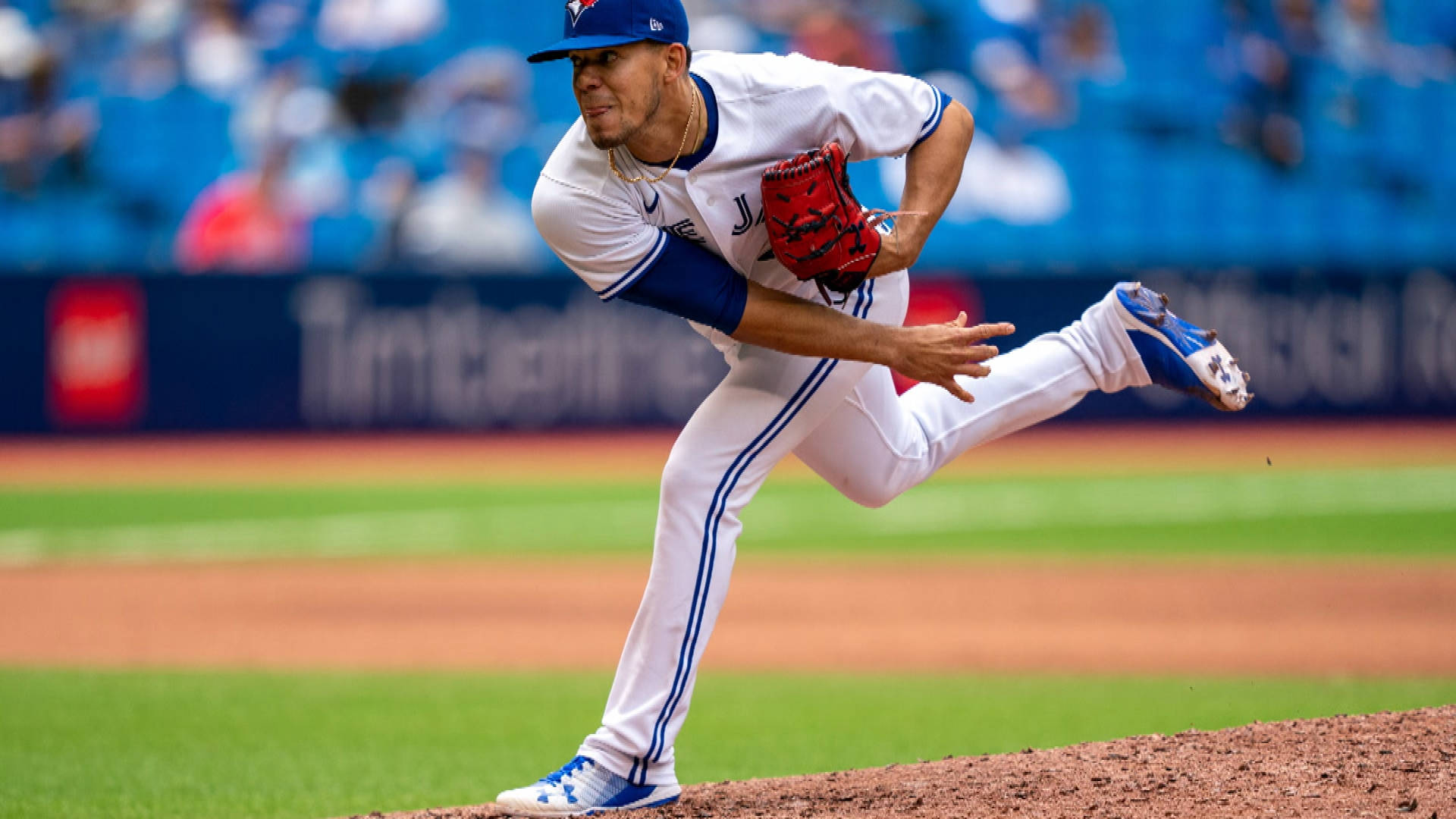 Jose Berrios, white and blue uniform, sunlit field, Full HD Desktop Wallpaper