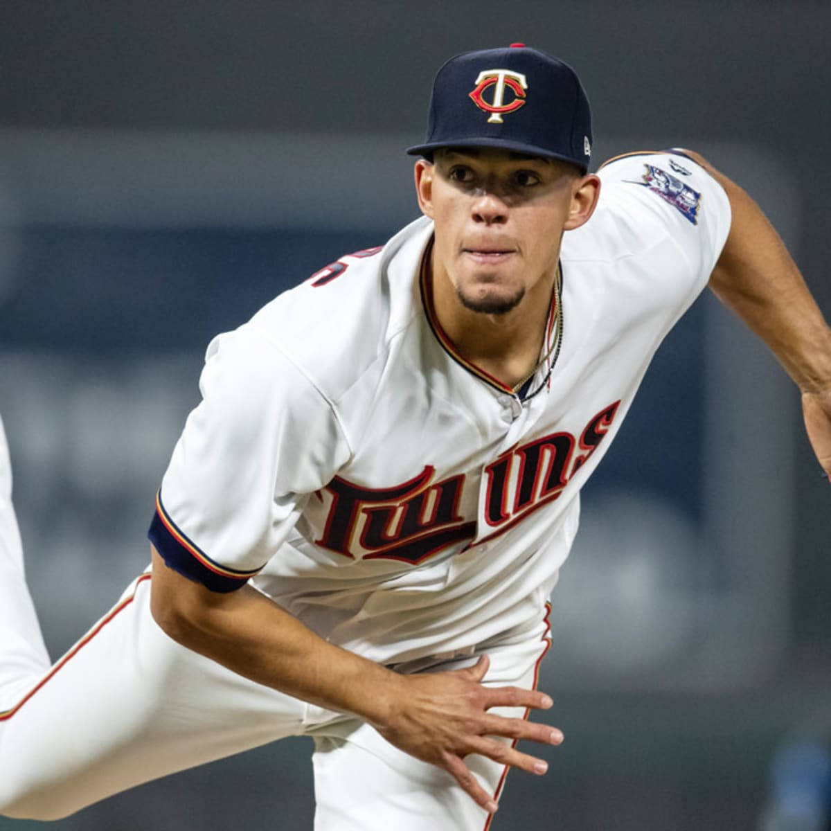 Jose Berrios, white Twins uniform, mid-throw, SD Desktop Wallpaper