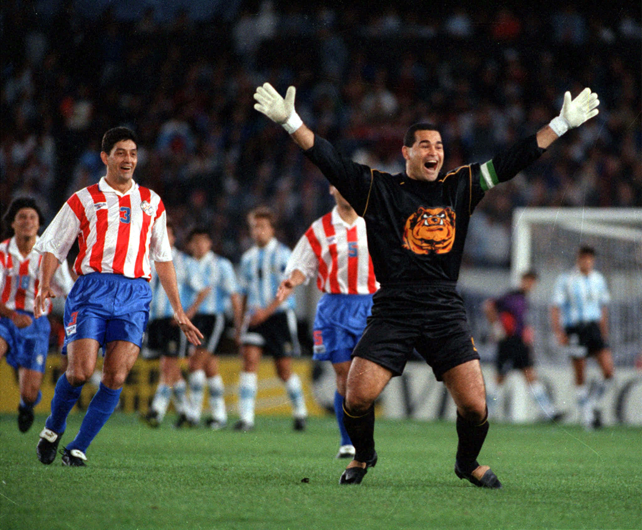Jose Luis Chilavert, black tiger-logo jersey, stadium field, Full HD Desktop Wallpaper