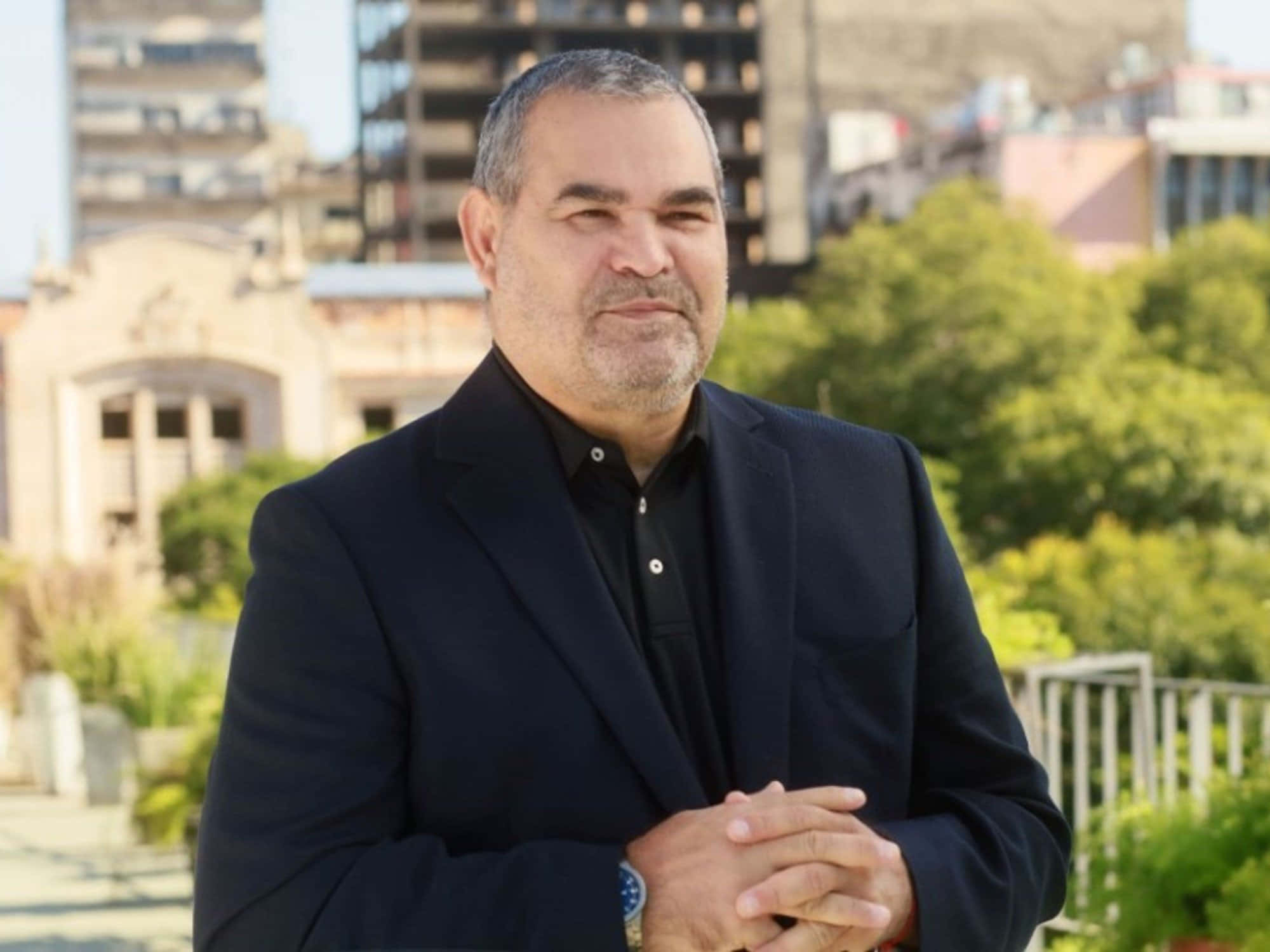 Jose Luis Chilavert, dark suit, greenery, Full HD Desktop Wallpaper