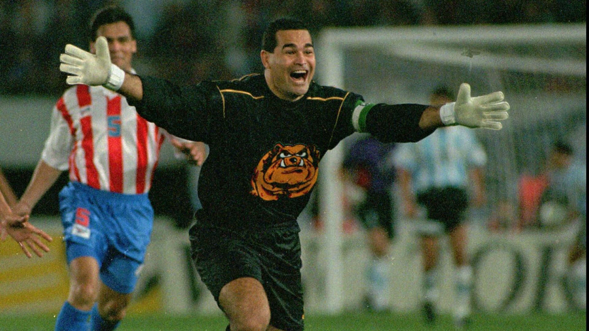 Jose Luis Chilavert, black jersey, orange tiger logo, Full HD Desktop Wallpaper