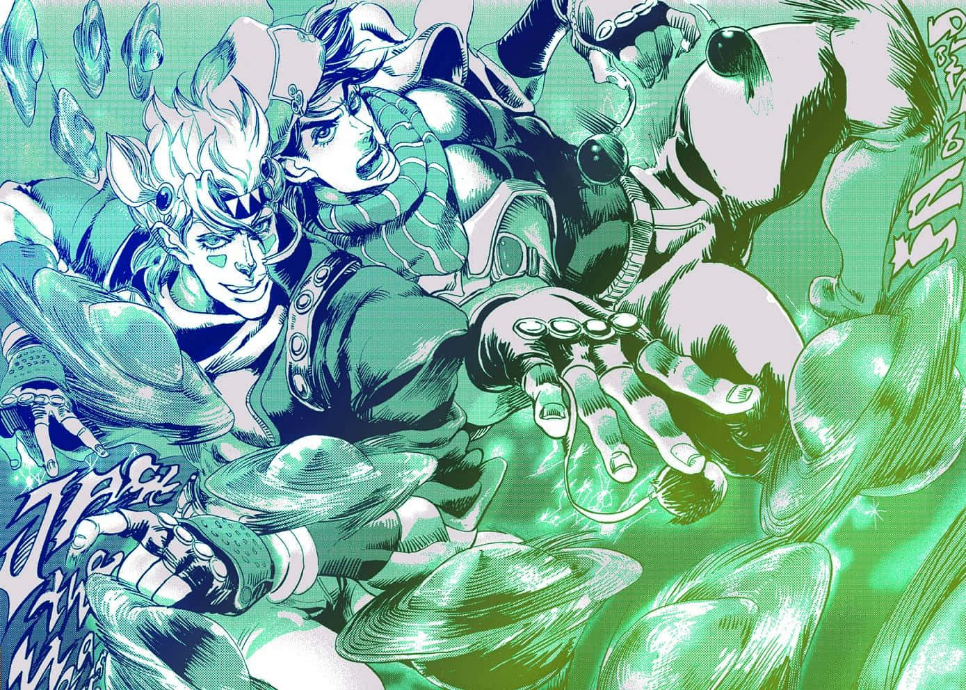 Joseph Joestar, vibrant green and blue battle scene, floating hats, HD Desktop Wallpaper