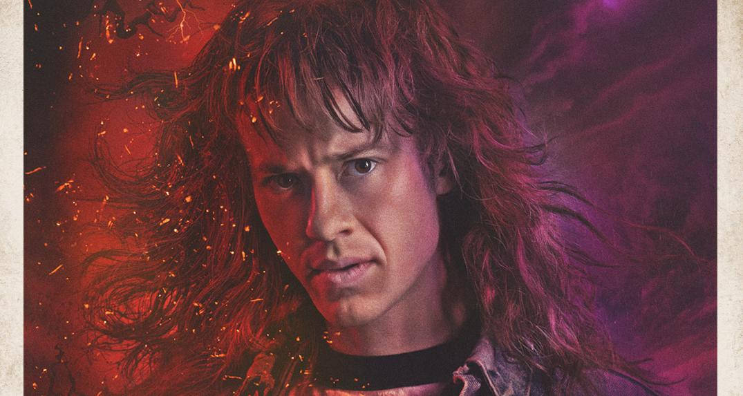 Joseph Quinn, wild red hair, fiery red and purple background, SD Desktop Wallpaper