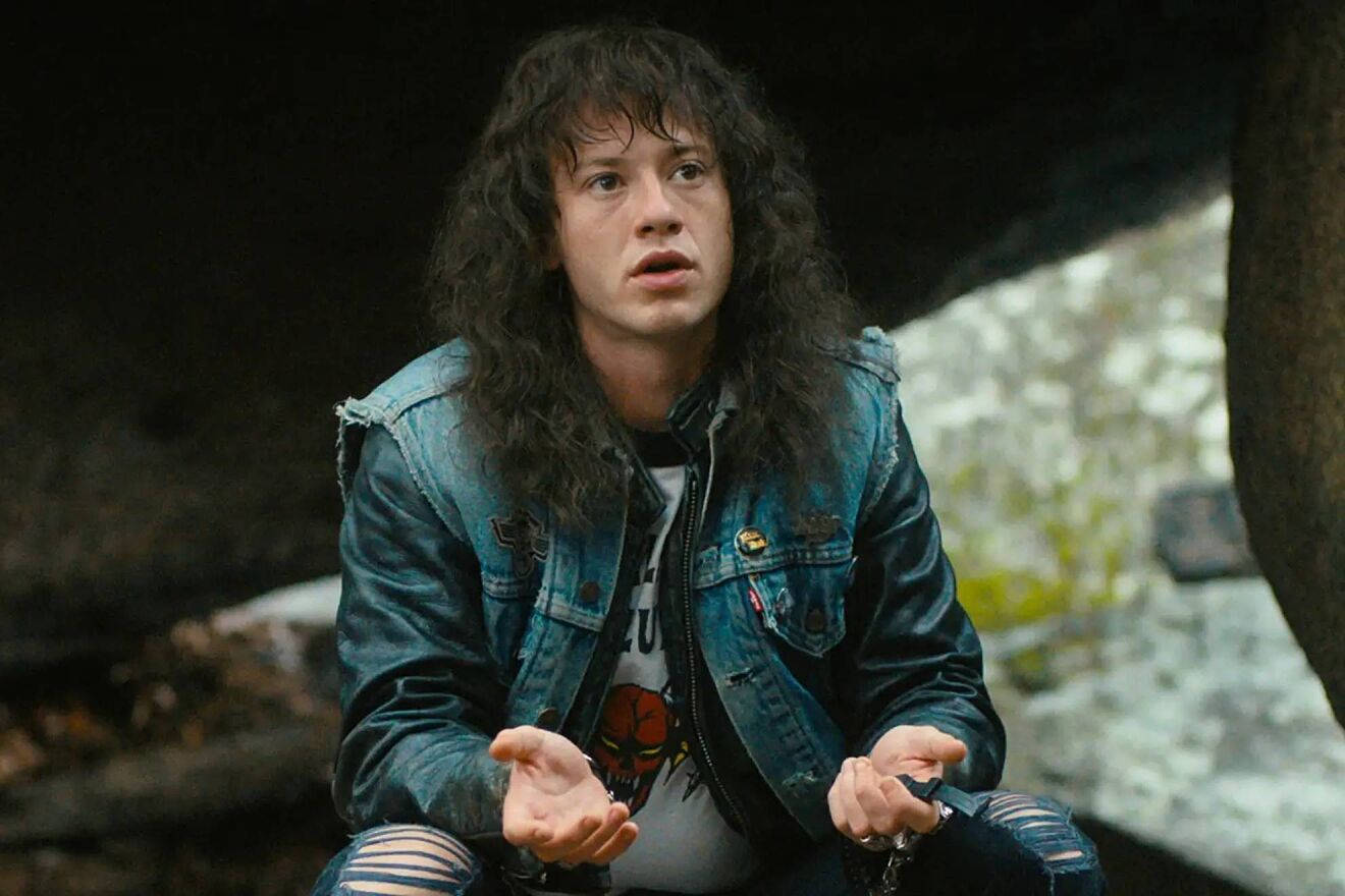 Joseph Quinn, long curly hair, denim jacket, HD Desktop Wallpaper