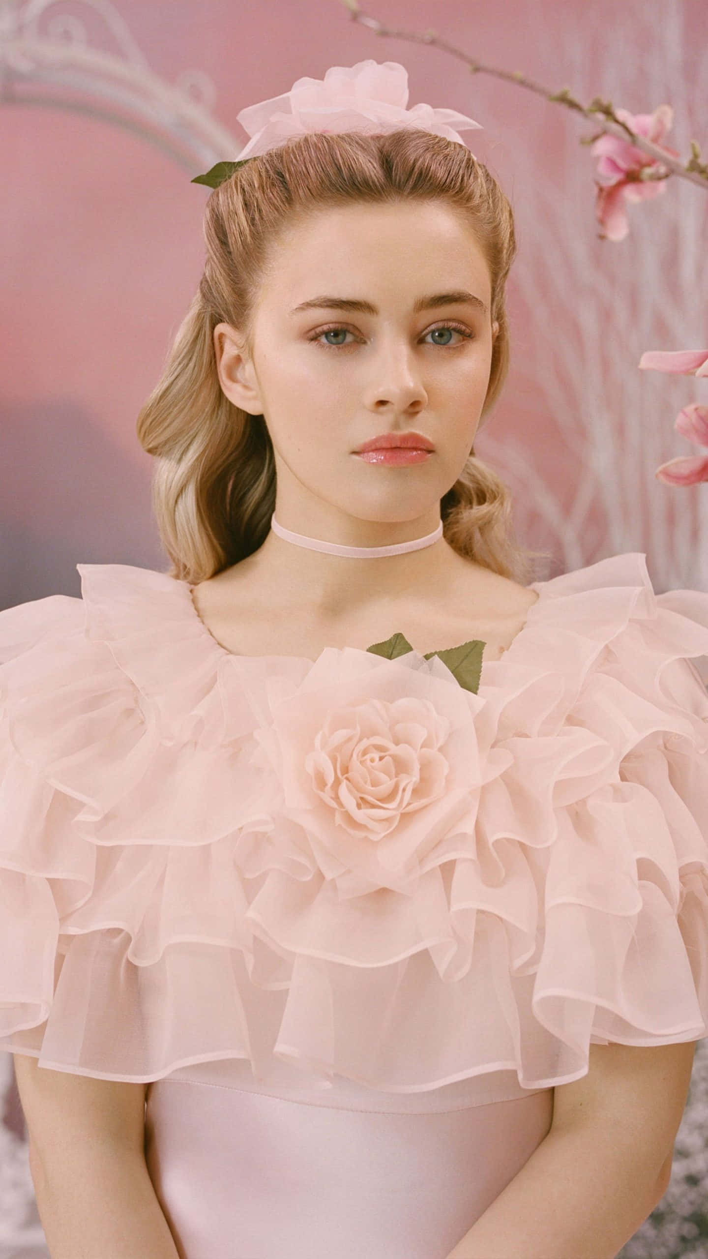 Josephine Langford, pink ruffled dress, floral headpiece, 2K Phone Wallpaper