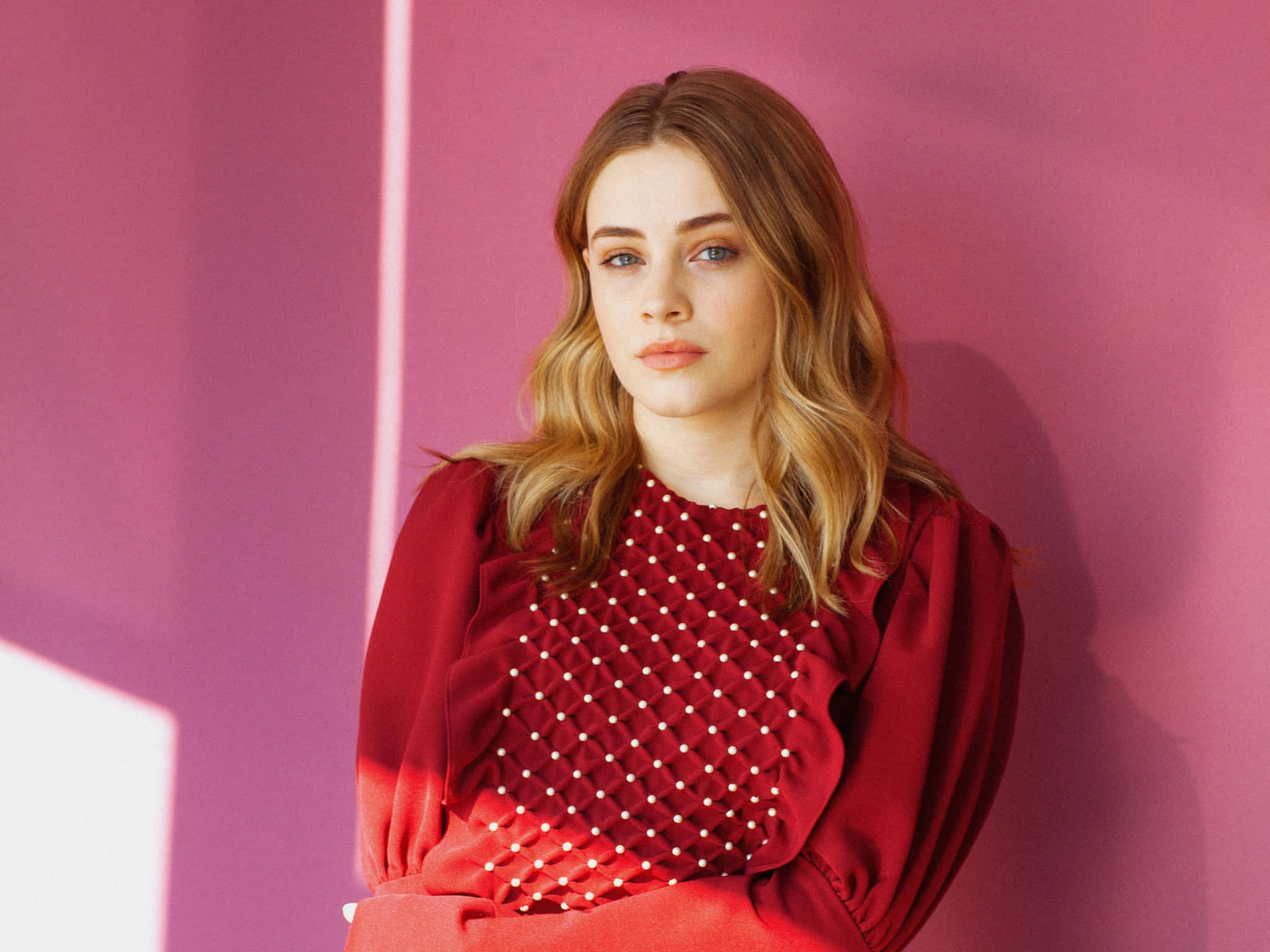 Josephine Langford, red dress, pearl embellishments, Full HD Desktop Wallpaper