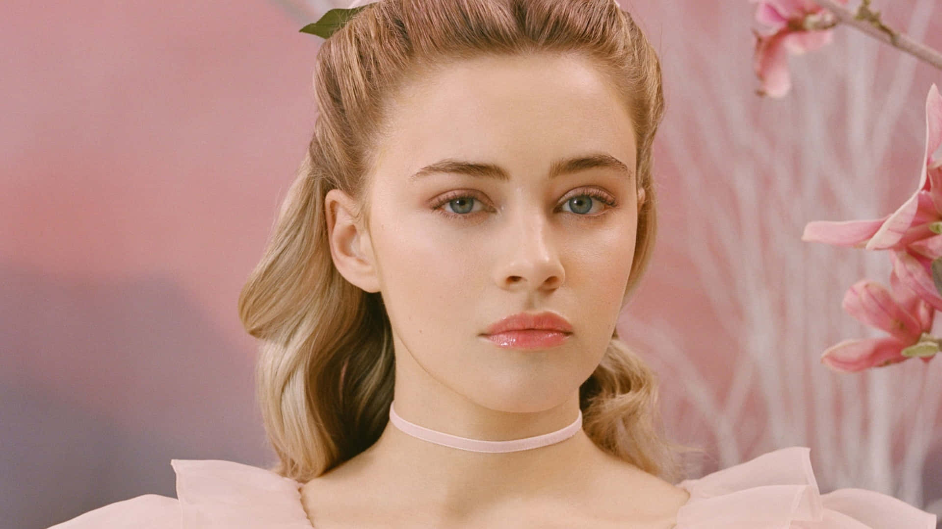 Josephine Langford, pink floral backdrop, blonde hair, Full HD Desktop Wallpaper