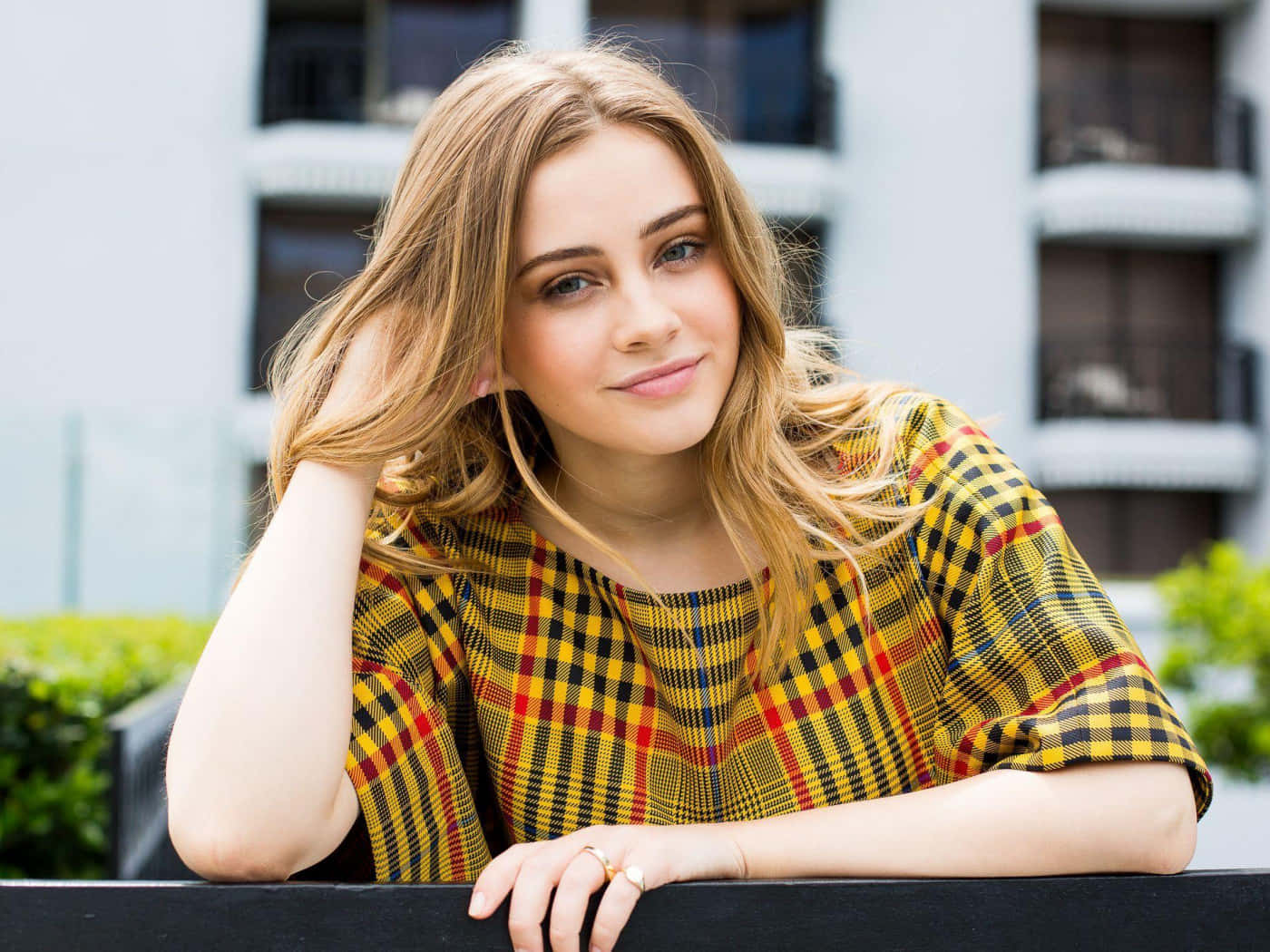 Josephine Langford, yellow plaid shirt, railing, HD Desktop Wallpaper