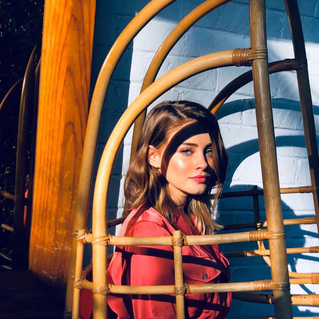 Josephine Langford, red blouse, bamboo structure, SD Desktop Wallpaper