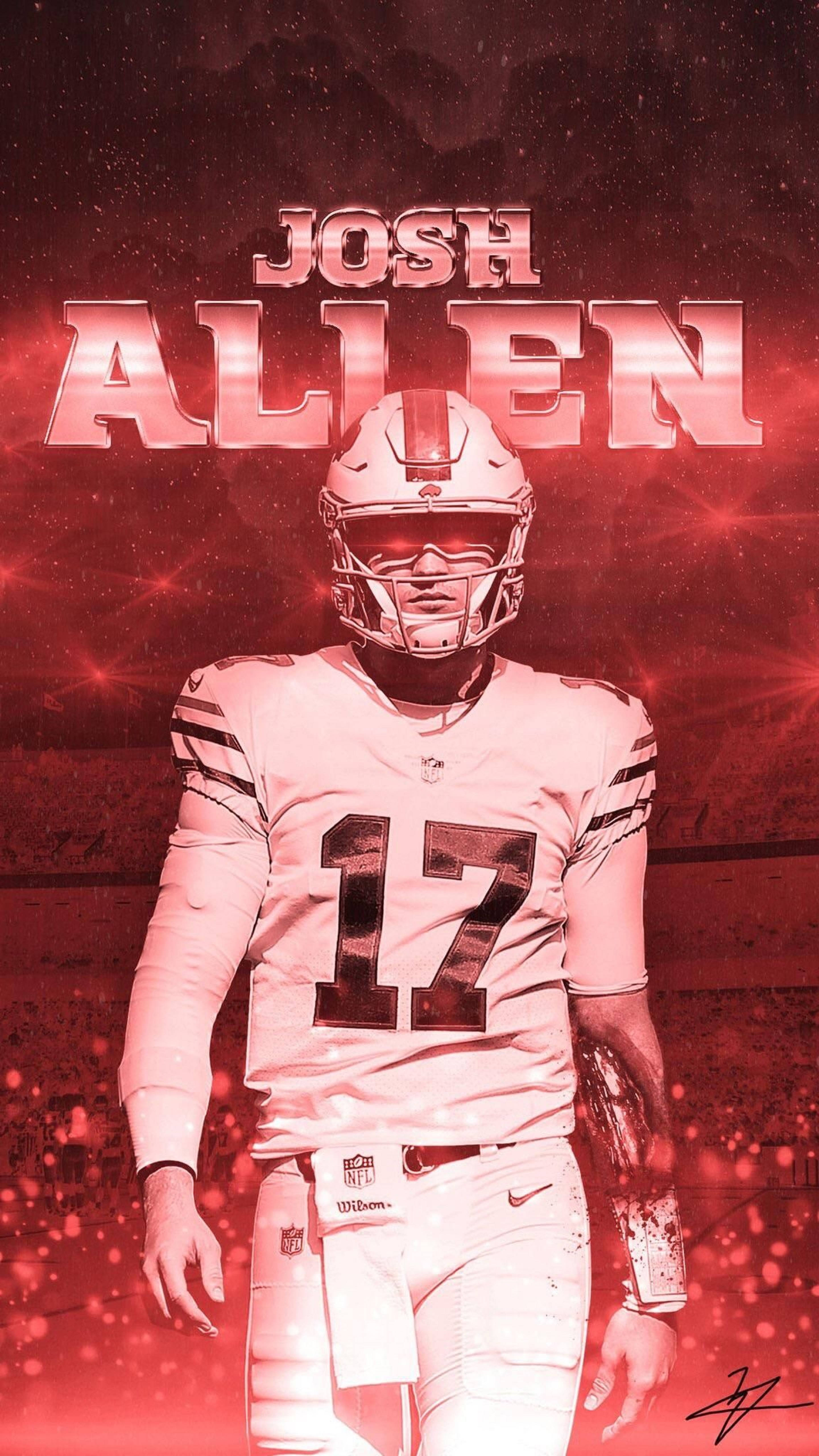 Josh Allen, white jersey number 17, glowing red starfield backdrop, 5K Phone Wallpaper