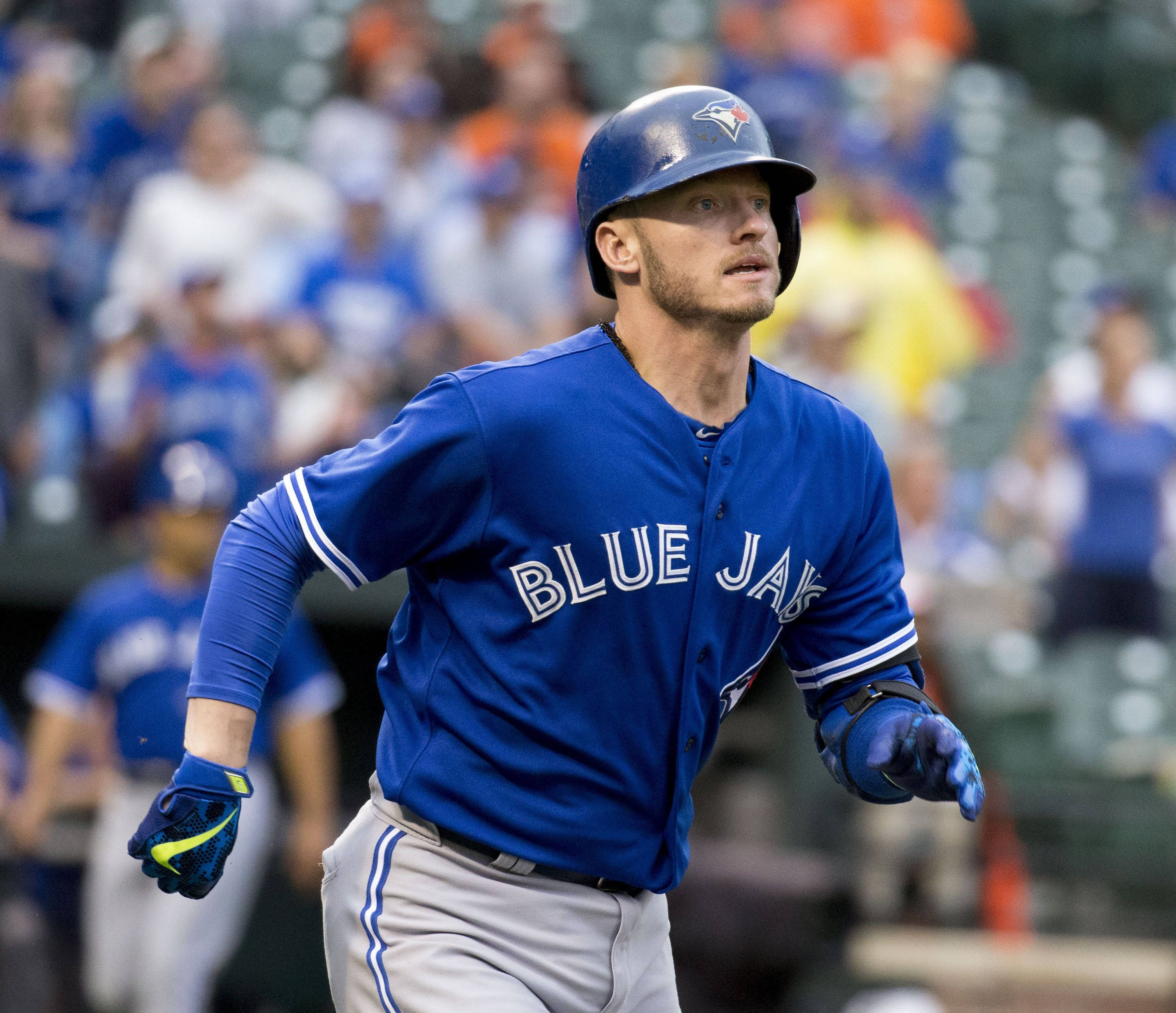 Josh Donaldson, blue Toronto Blue Jays uniform, sunlit stadium field, 2K Desktop Wallpaper