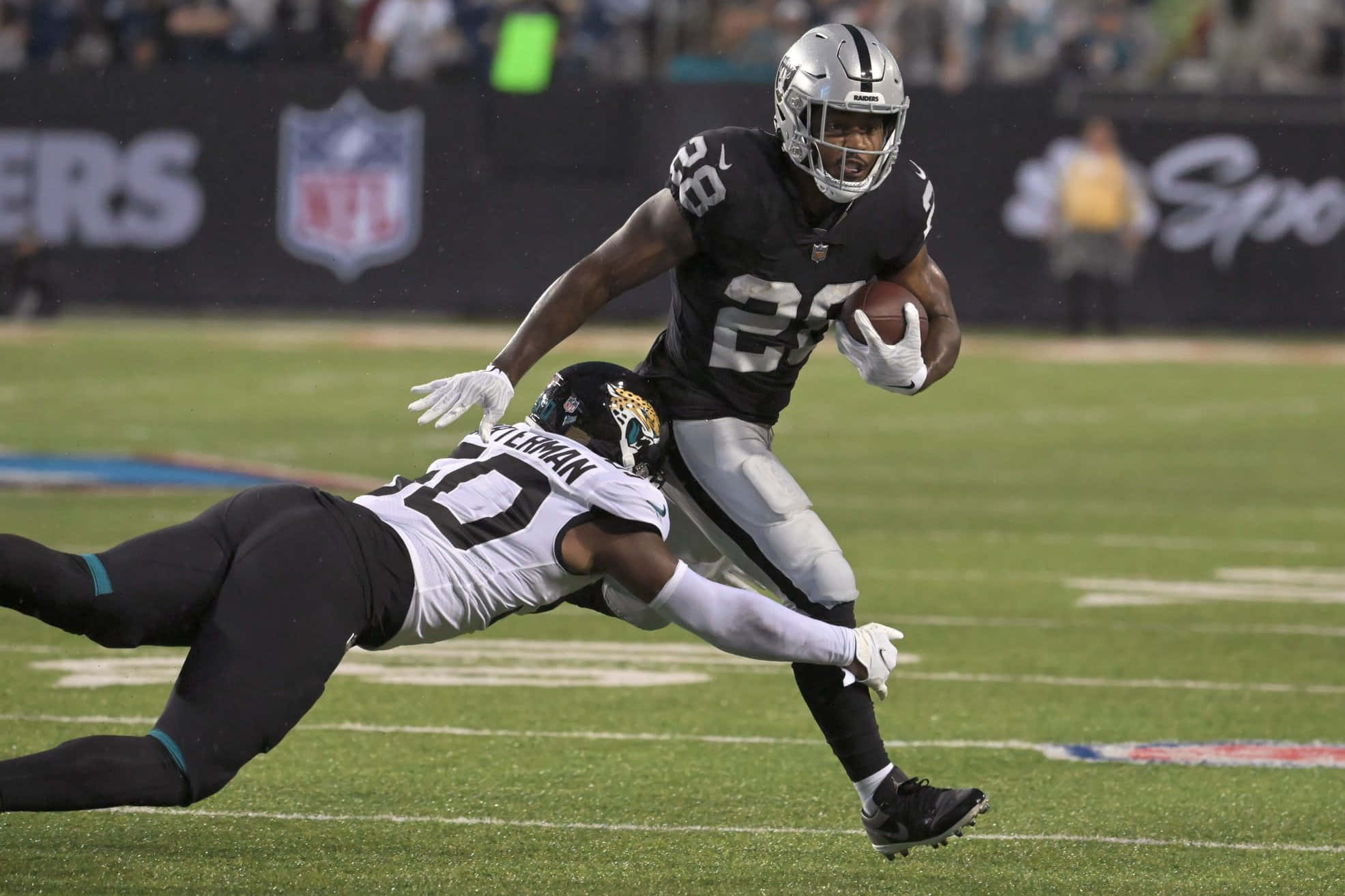 Josh Jacobs, black and silver uniform, white and black uniform, Full HD Desktop Wallpaper