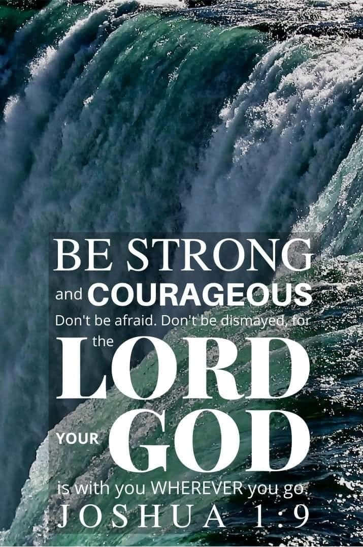Joshua 1:9, turquoise waterfall, mist rising, SD Phone Wallpaper