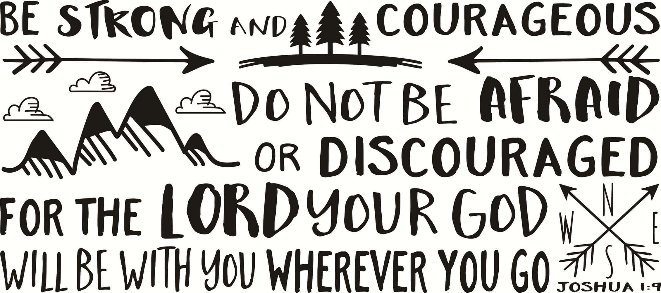 Joshua 1:9, black handwritten text, mountain arrows, Full HD Desktop Wallpaper