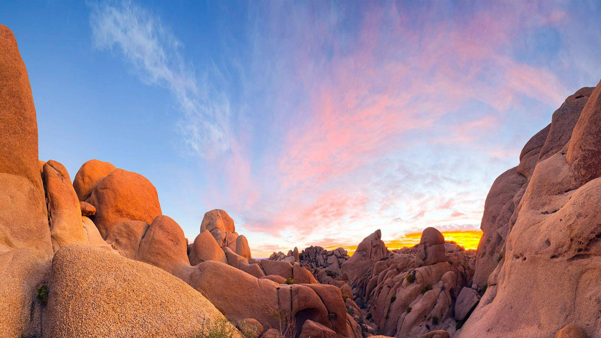 Joshua Tree National Park, red rocks, pink clouds, Full HD Desktop Wallpaper