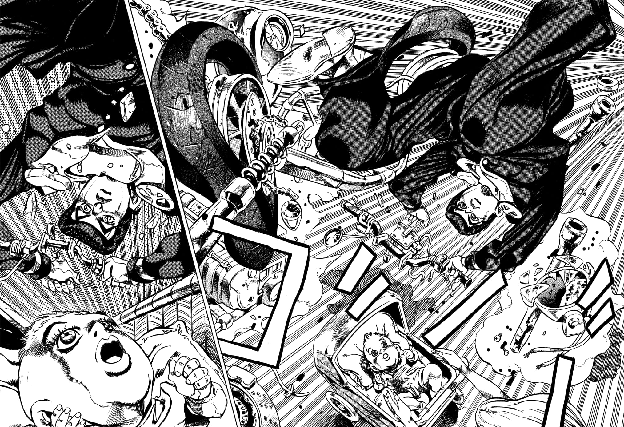Josuke Higashikata, black and white manga panel, chaotic action, Full HD Desktop Wallpaper