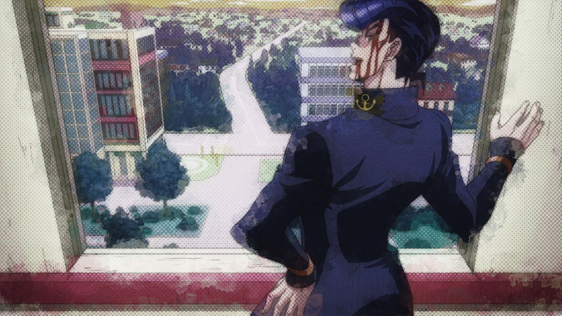 Josuke Higashikata, blue suit, window, Full HD Desktop Wallpaper