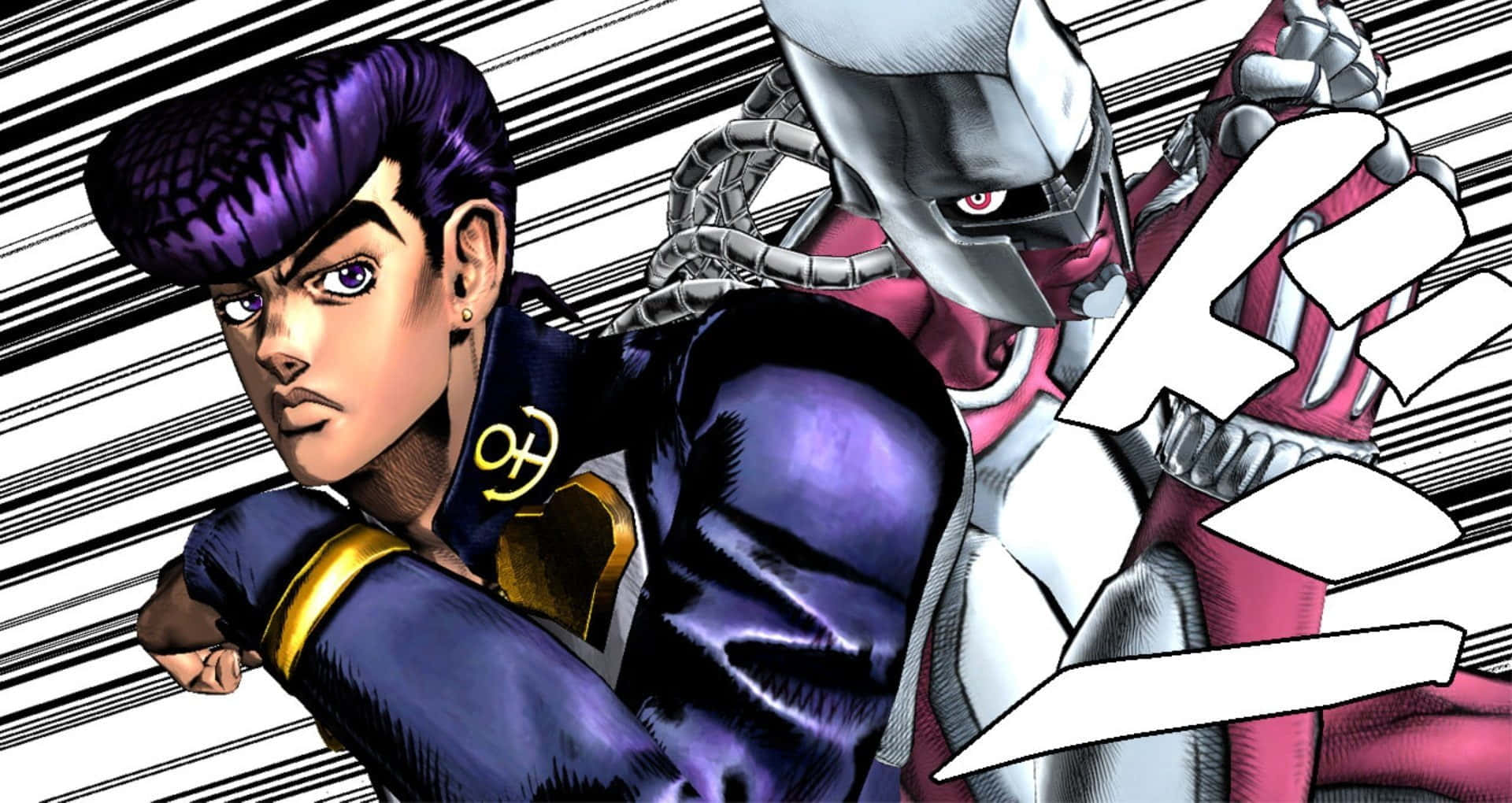 Josuke Higashikata, colorful action scene, dynamic combat pose, Full HD Desktop Wallpaper