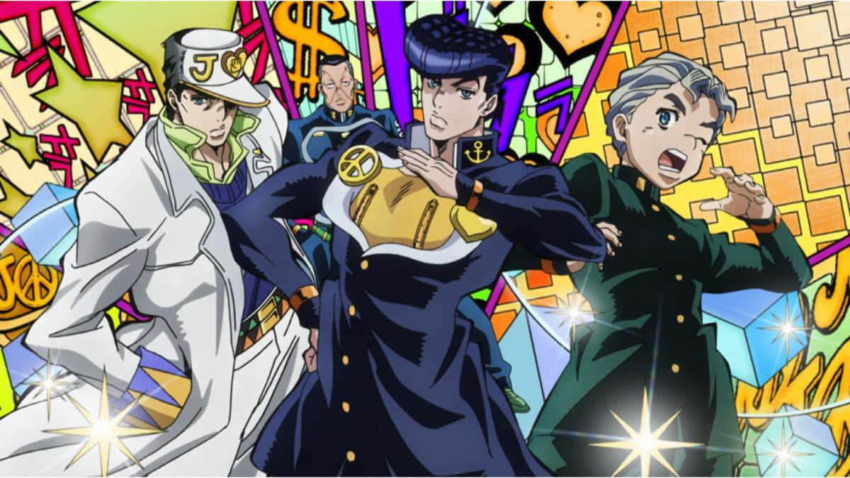 Josuke Higashikata, iconic outfit, vibrant graffiti-style background, SD Desktop Wallpaper