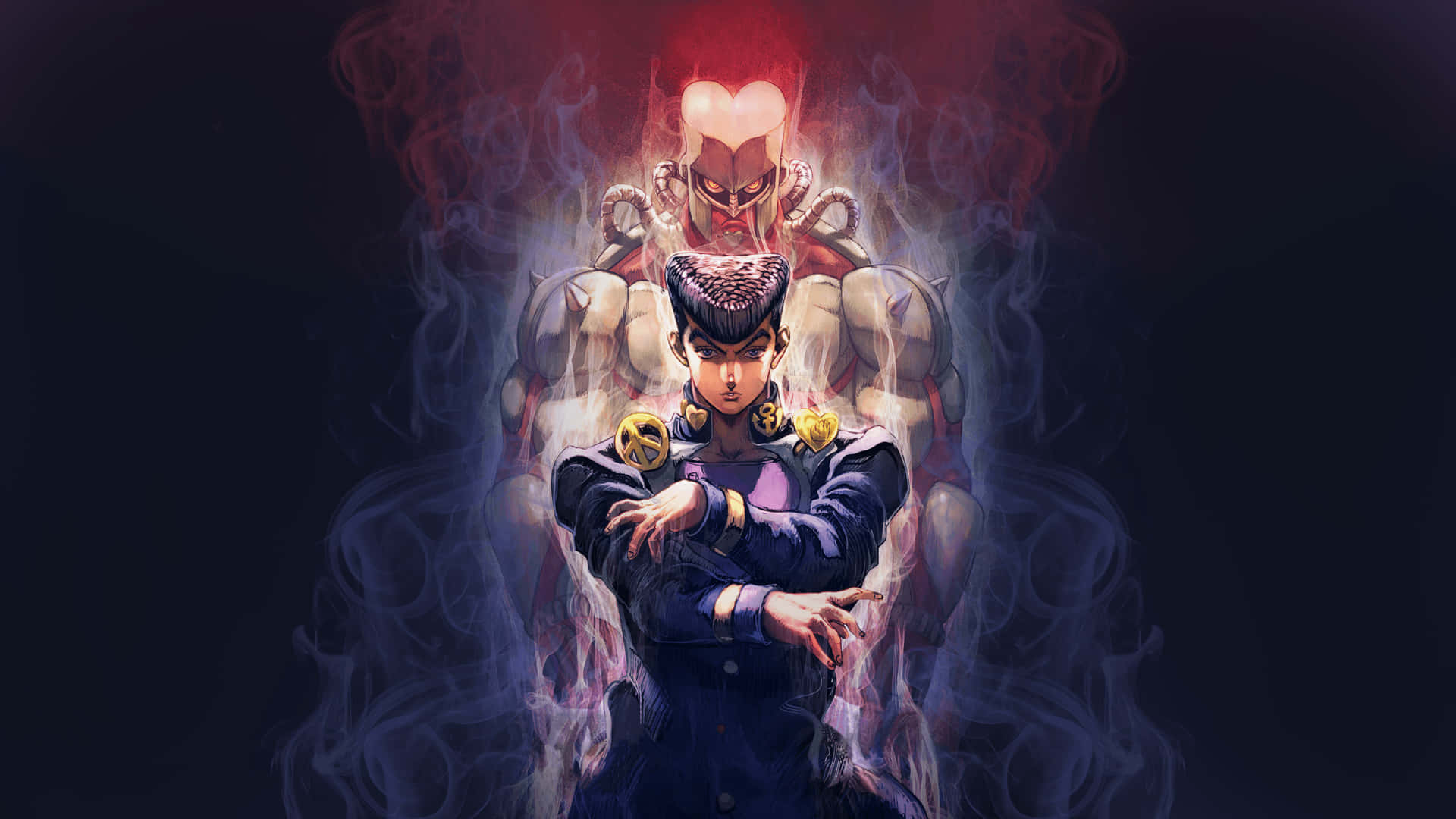 Josuke Higashikata, glowing red armored figure, swirling smoke, Full HD Desktop Wallpaper
