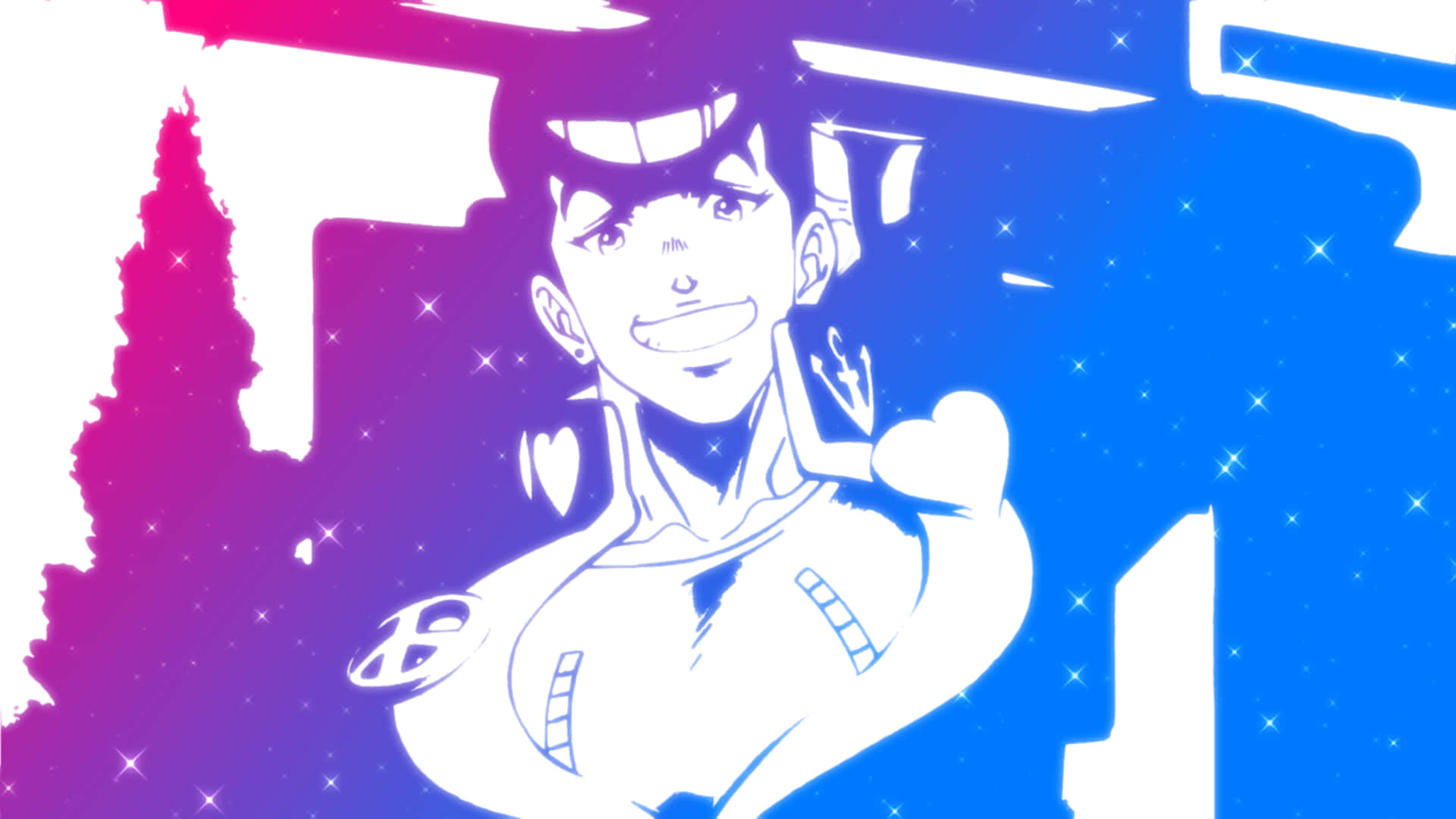 Josuke Higashikata, pink and blue gradient background, sparkling stars, Full HD Desktop Wallpaper