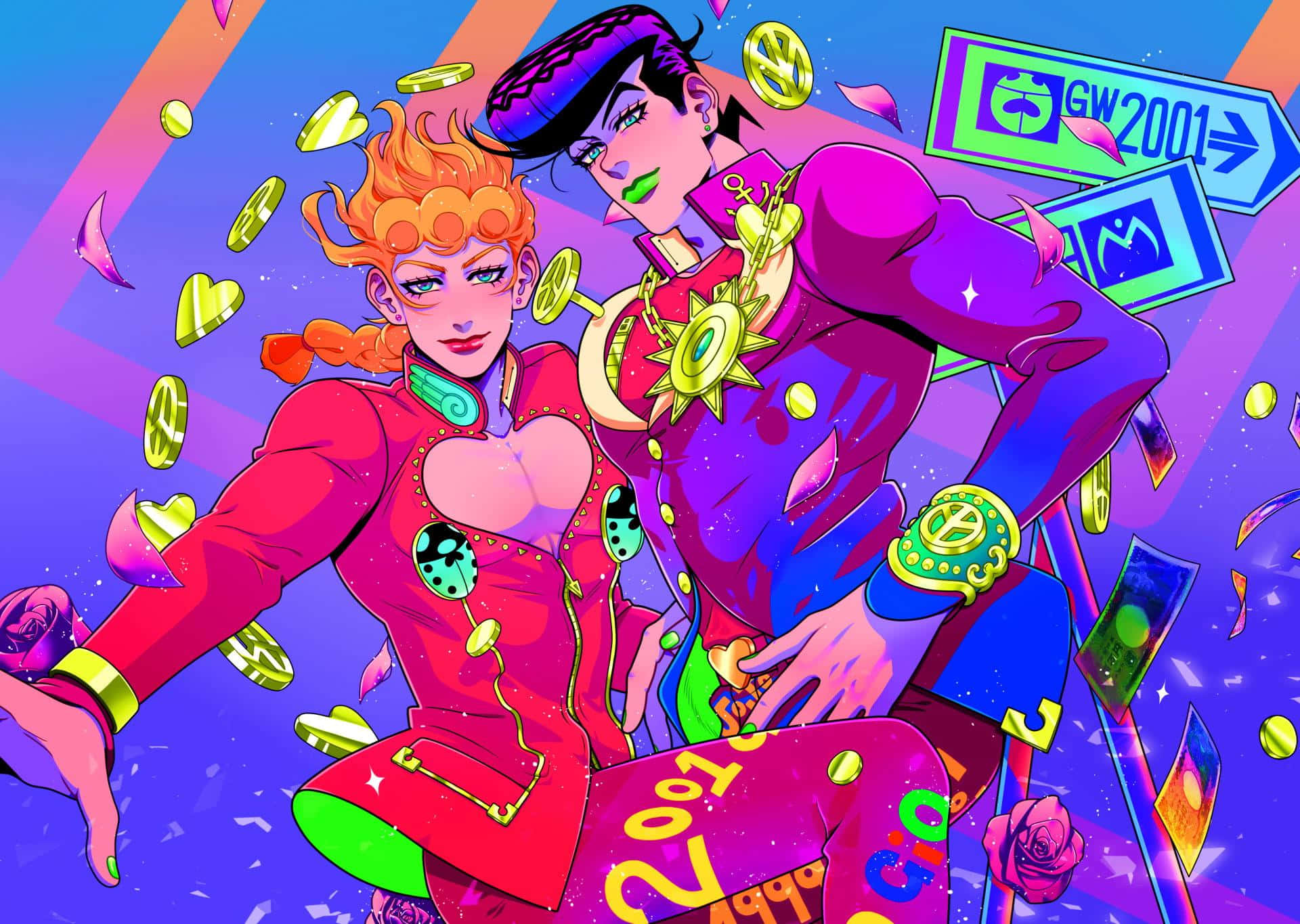Josuke Higashikata, iconic outfit, floating gold coins, Full HD Desktop Wallpaper