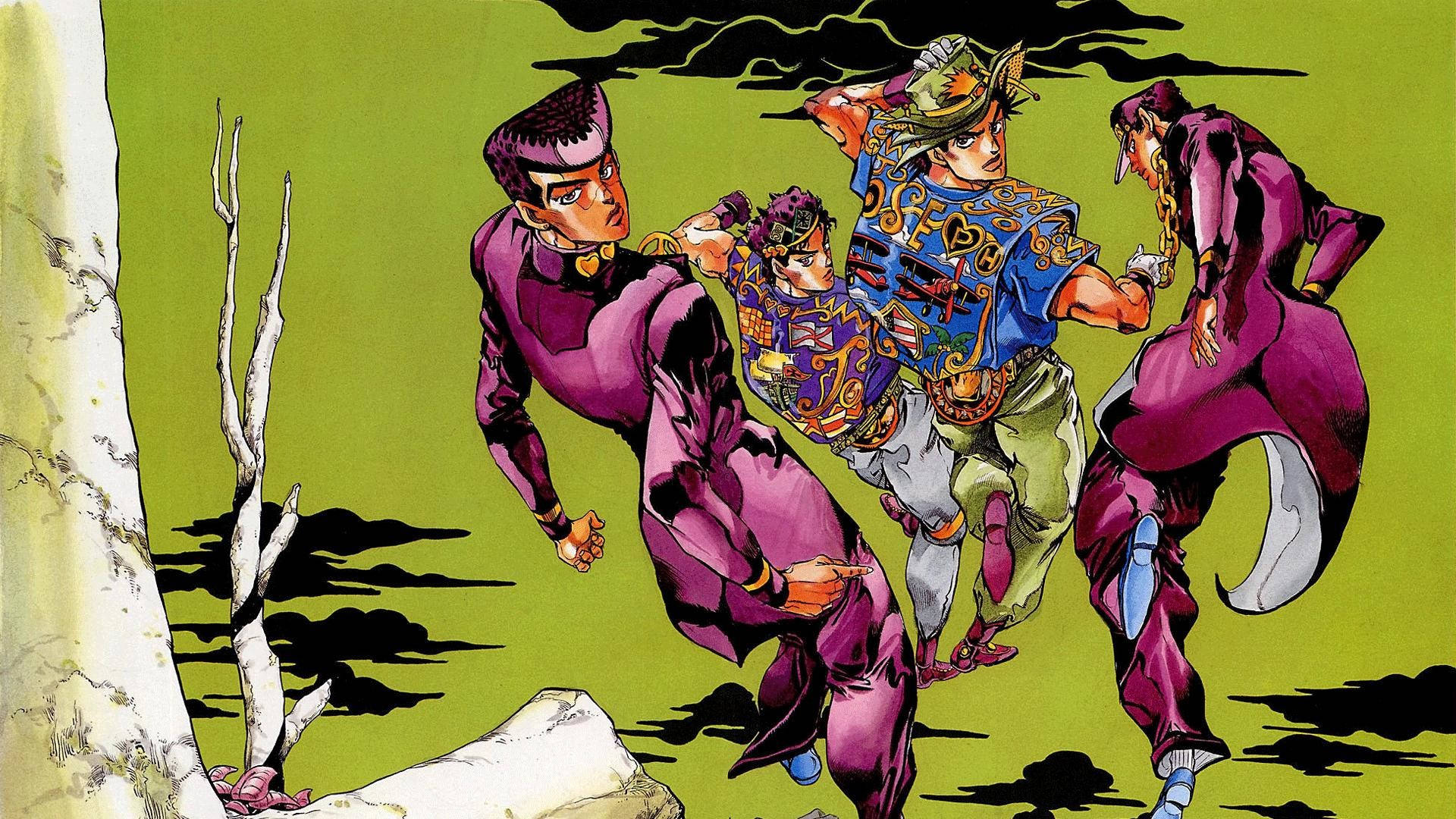 Josuke Higashikata, vibrant purple and blue outfits, surreal green landscape, Full HD Desktop Wallpaper