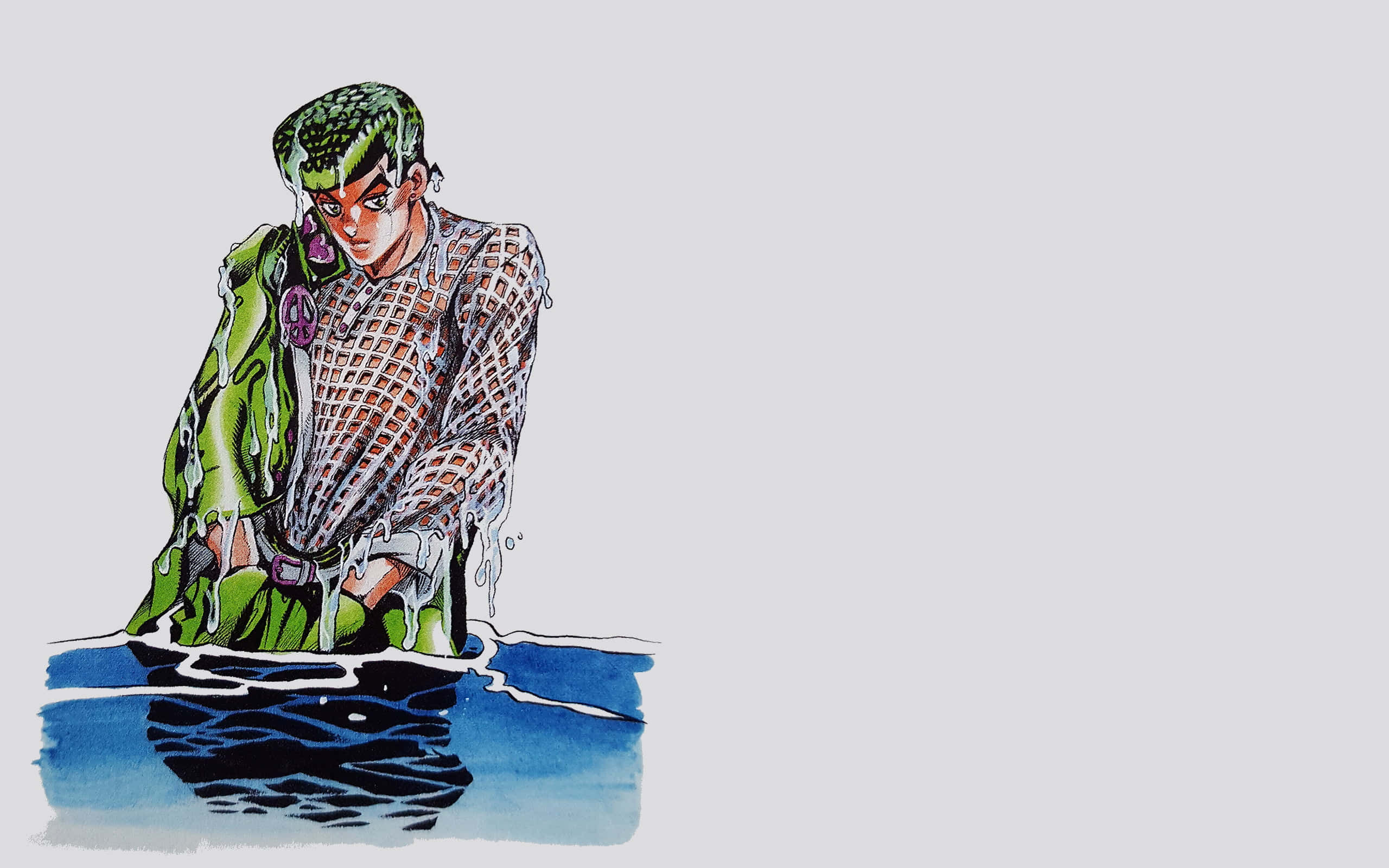 Josuke Higashikata, green-haired anime character, blue water, 2K Desktop Wallpaper
