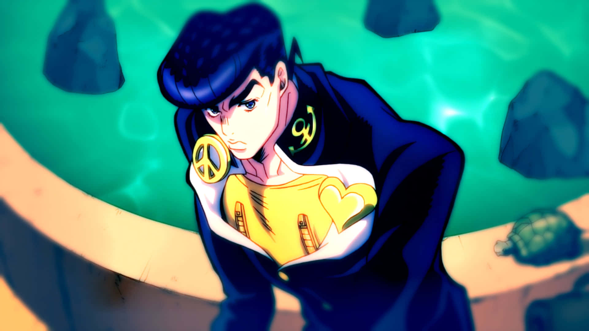 Josuke Higashikata, blue hair, peace symbol necklace, Full HD Desktop Wallpaper