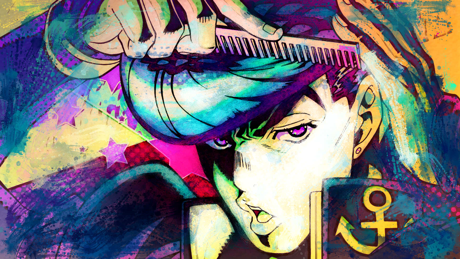 Josuke Higashikata, purple eyes, teal hair, Full HD Desktop Wallpaper