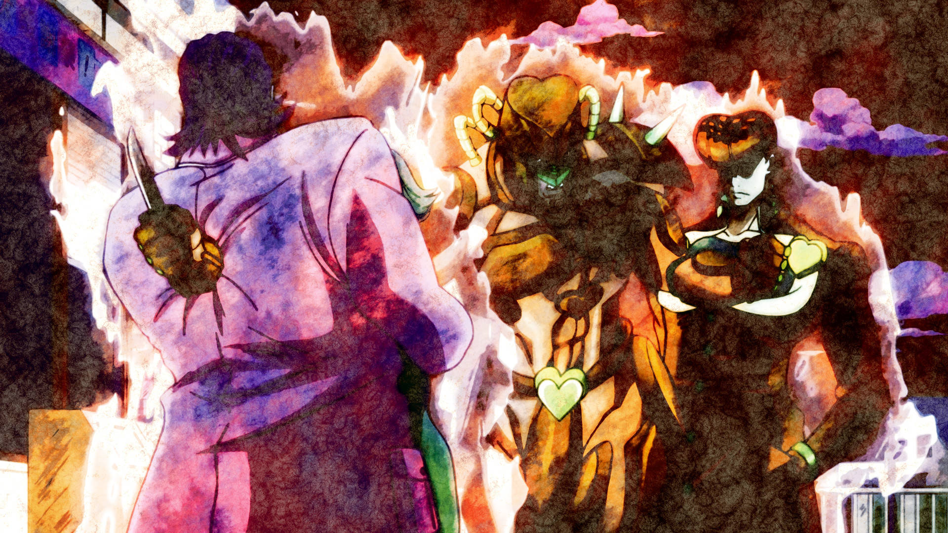 Josuke, fiery orange and purple flames, dark urban skyline, Full HD Desktop Wallpaper