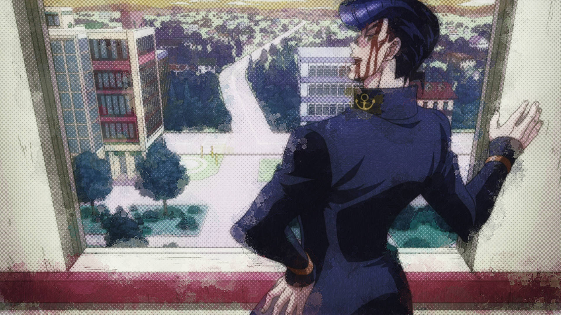 Josuke, blue suit, window, Full HD Desktop Wallpaper