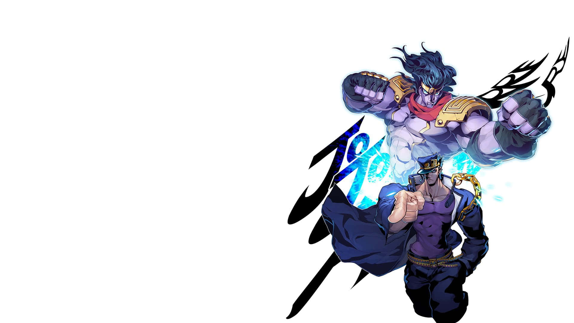 Jotaro Kujo, glowing blue energy, bold black stylized text, Full HD Desktop Wallpaper