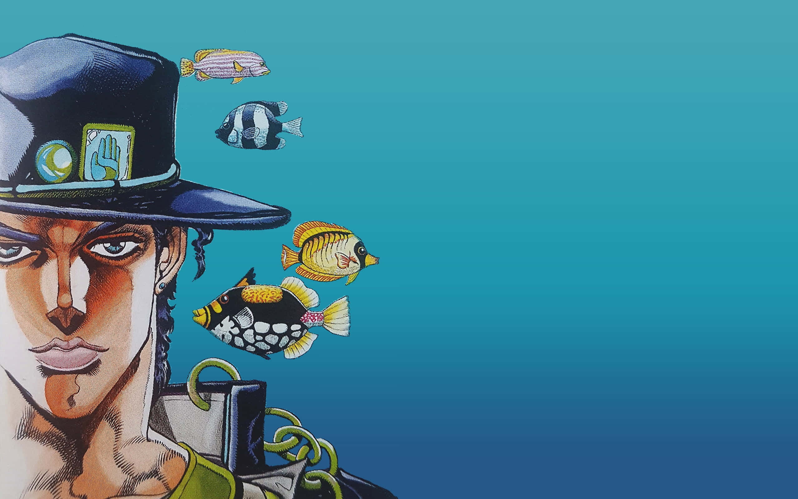 Jotaro Kujo, top hat, colorful fish, Full HD Desktop Wallpaper