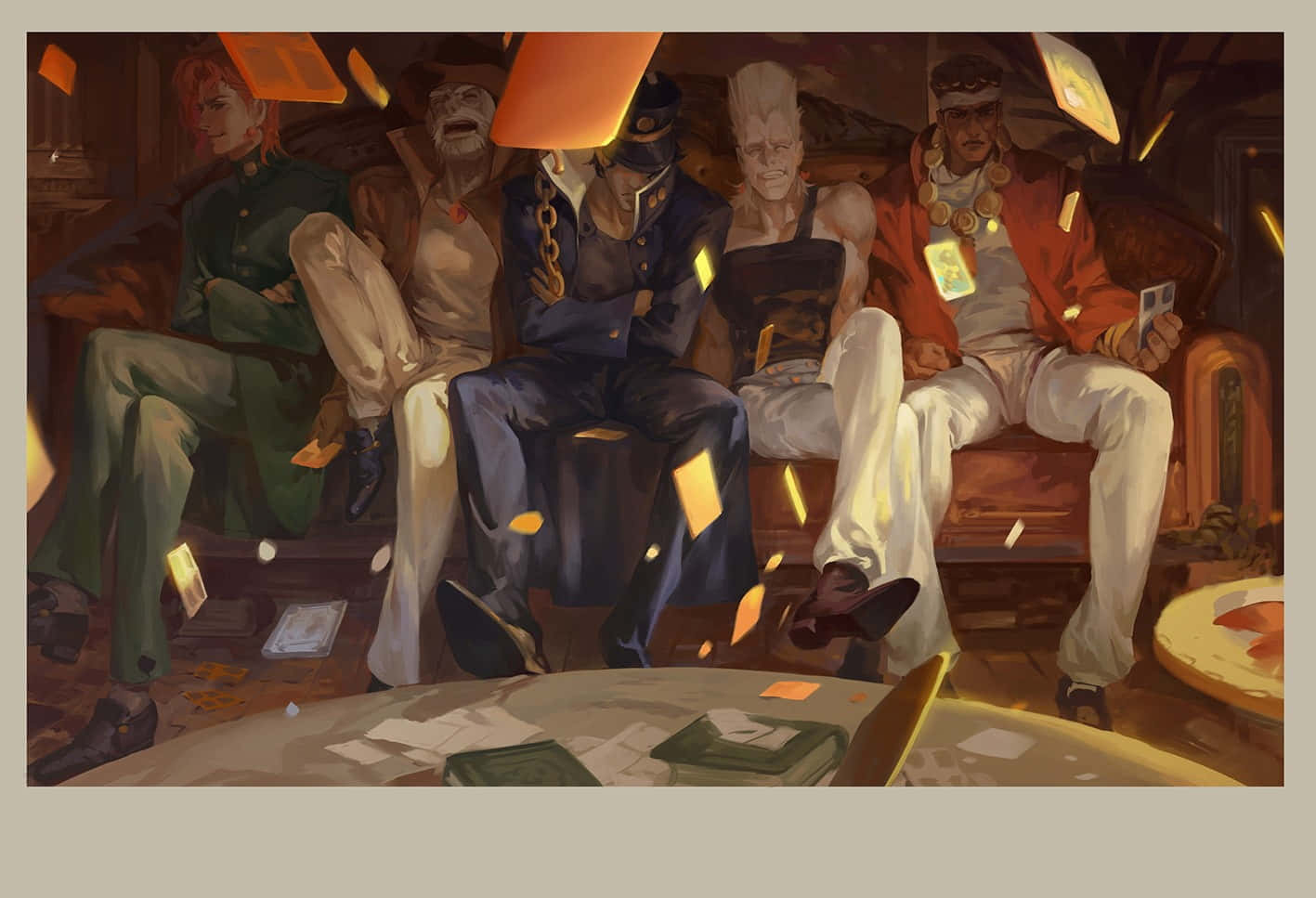 Jotaro Kujo, anime characters, glowing orange cards, HD Desktop Wallpaper
