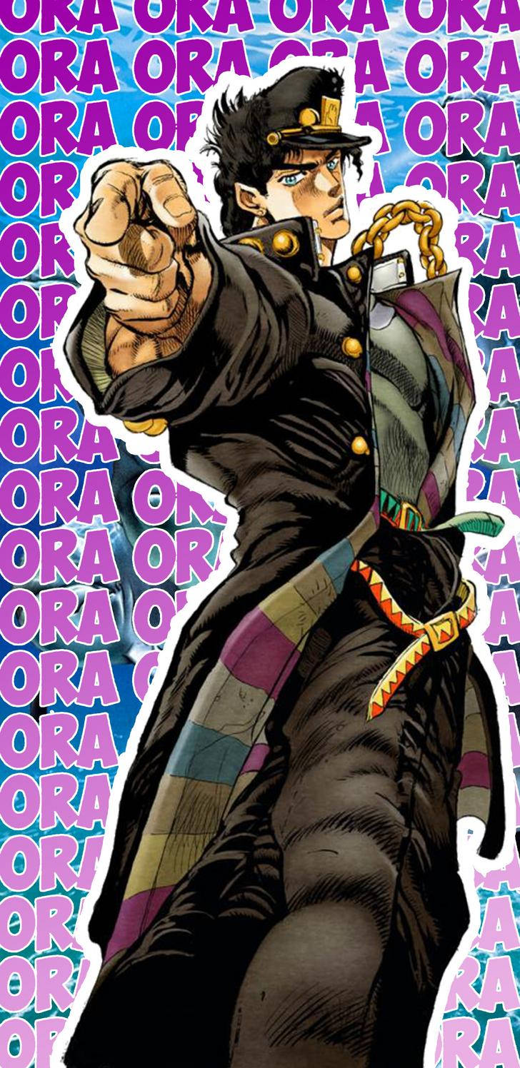 Jotaro Kujo, black uniform, vibrant pink and blue repeating text background, HD Phone Wallpaper