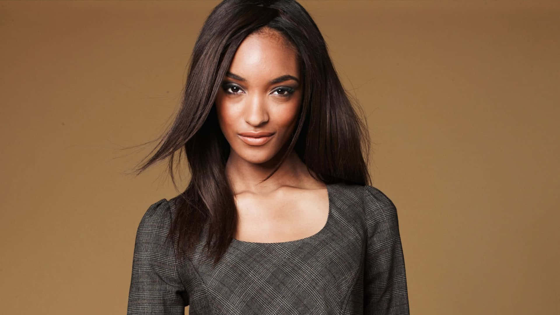 Jourdan Dunn, yellow dress, warm brown backdrop, Full HD Desktop Wallpaper