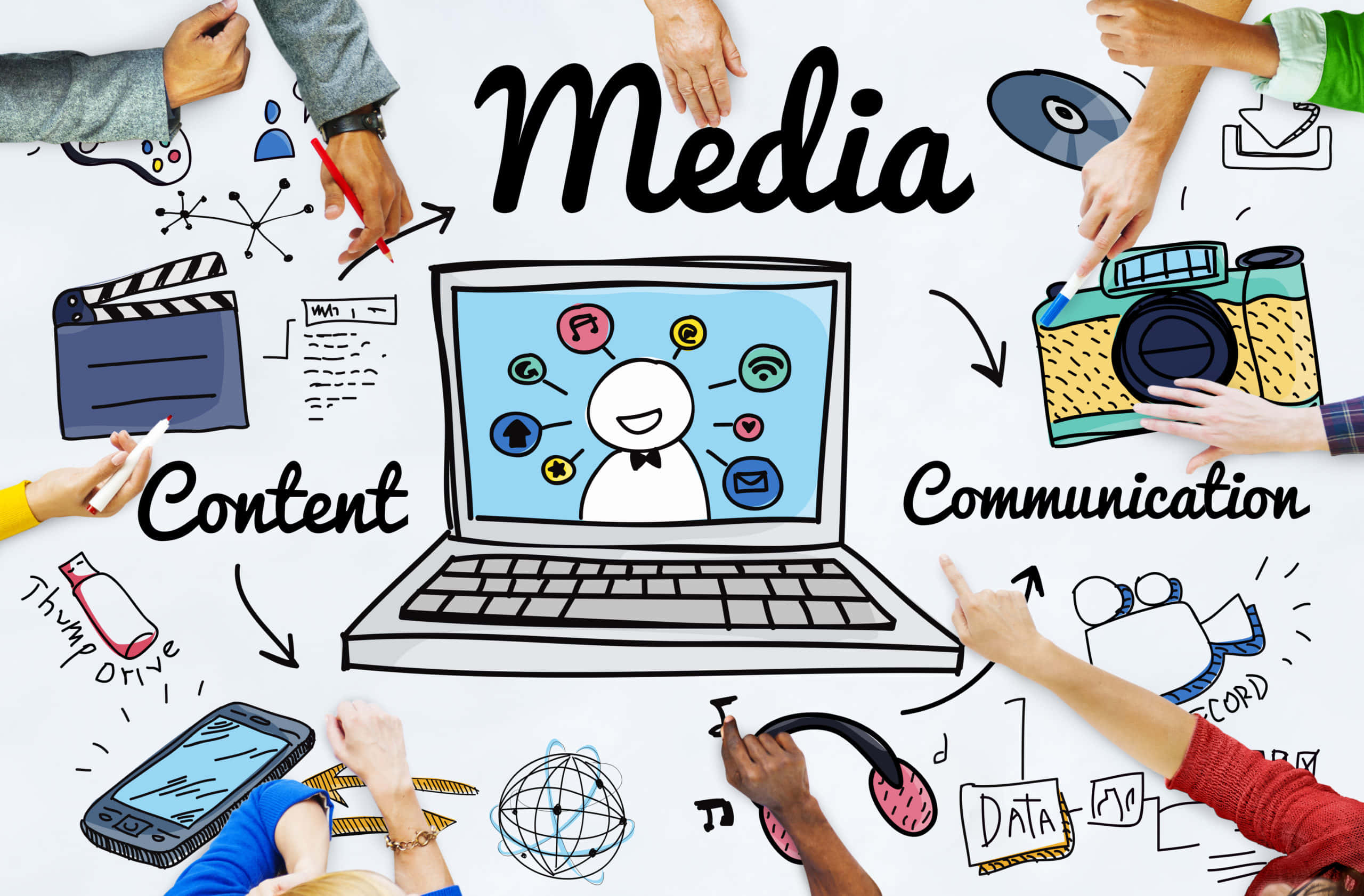 Journalism, laptop, media icons, 2K Desktop Wallpaper