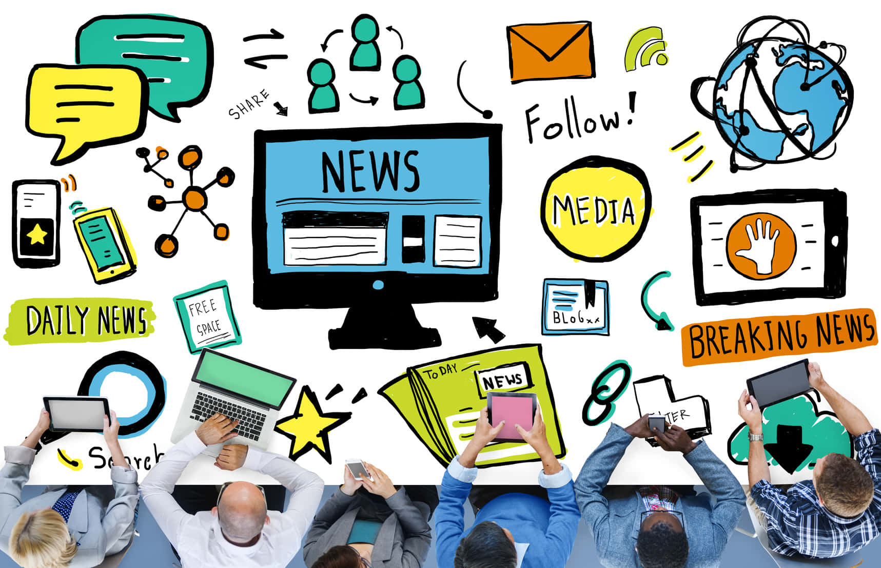 Journalism, hand-drawn icons, central monitor, HD Desktop Wallpaper