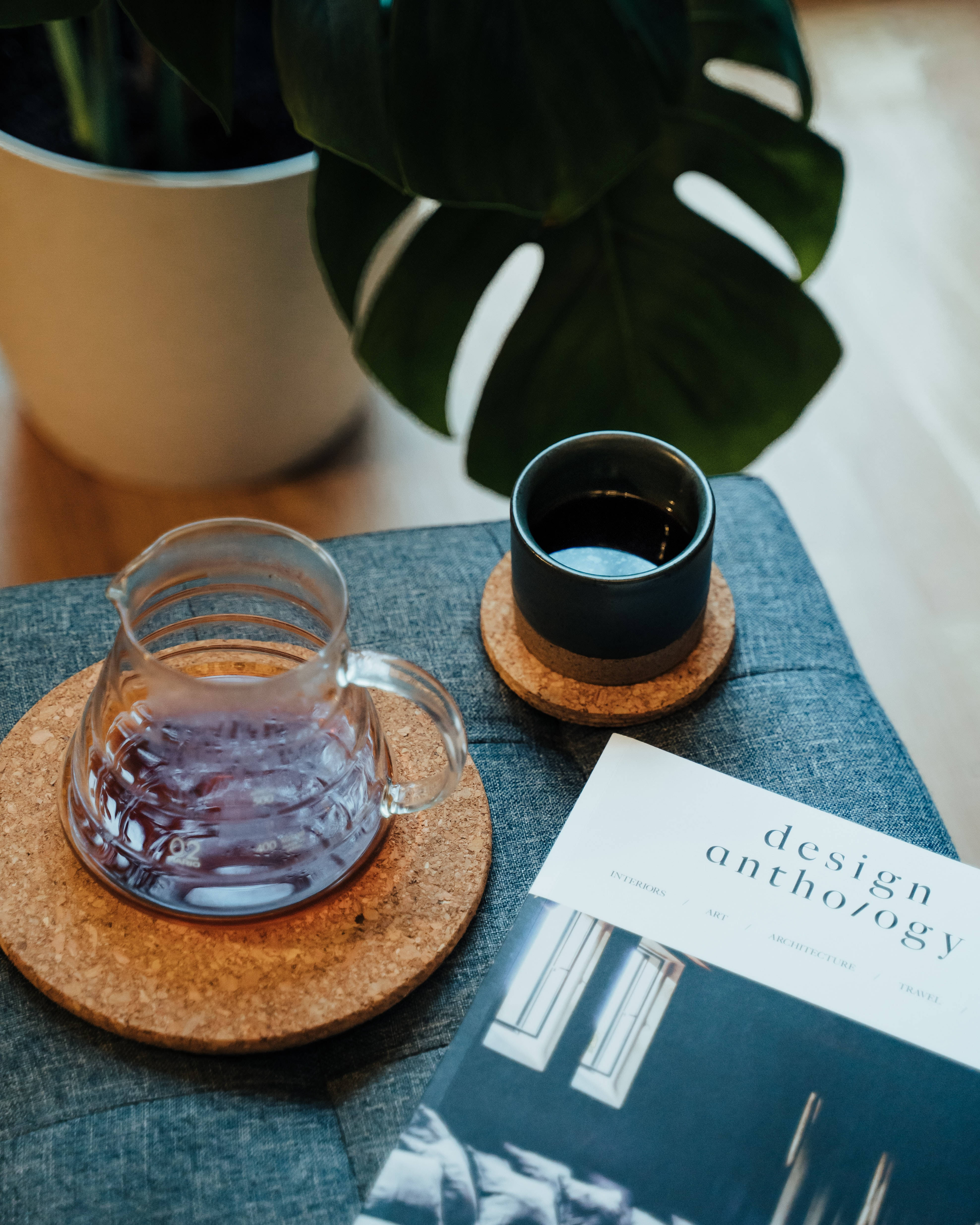 Journal And Tea, cork coasters, black cup of coffee, 4K Phone Wallpaper