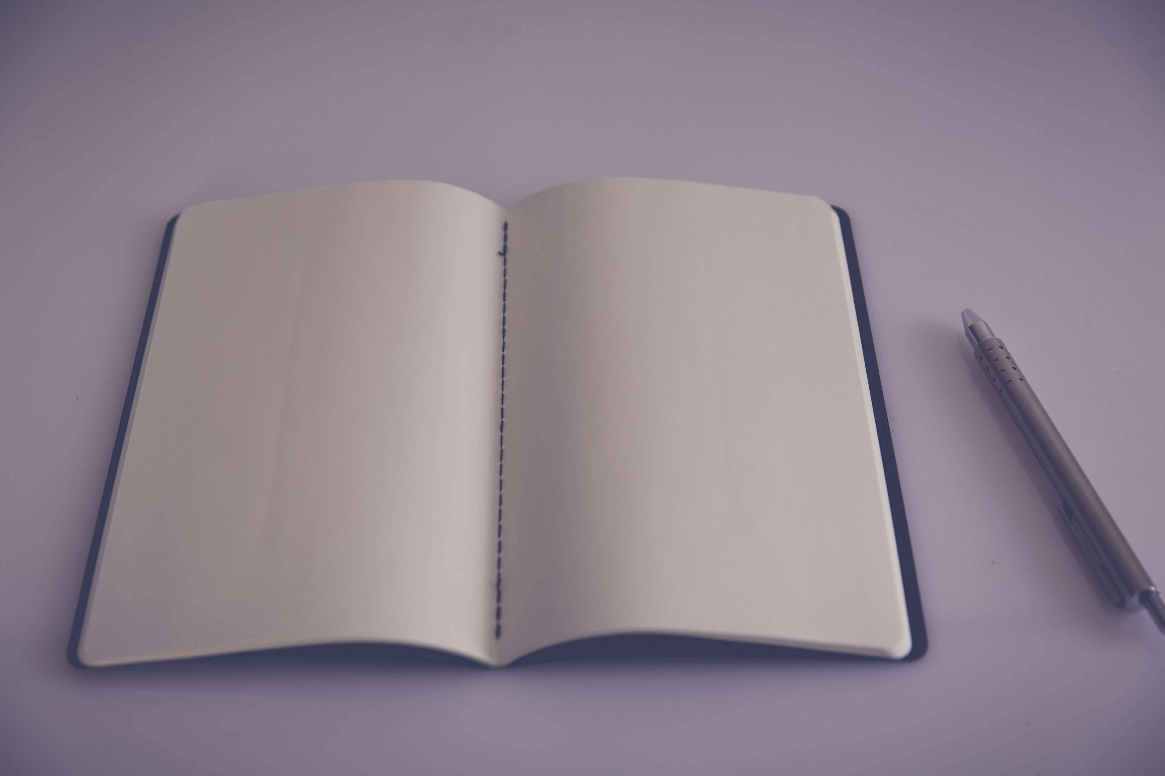 blank page diary, silver pen, soft purple surface, 4K Desktop Wallpaper
