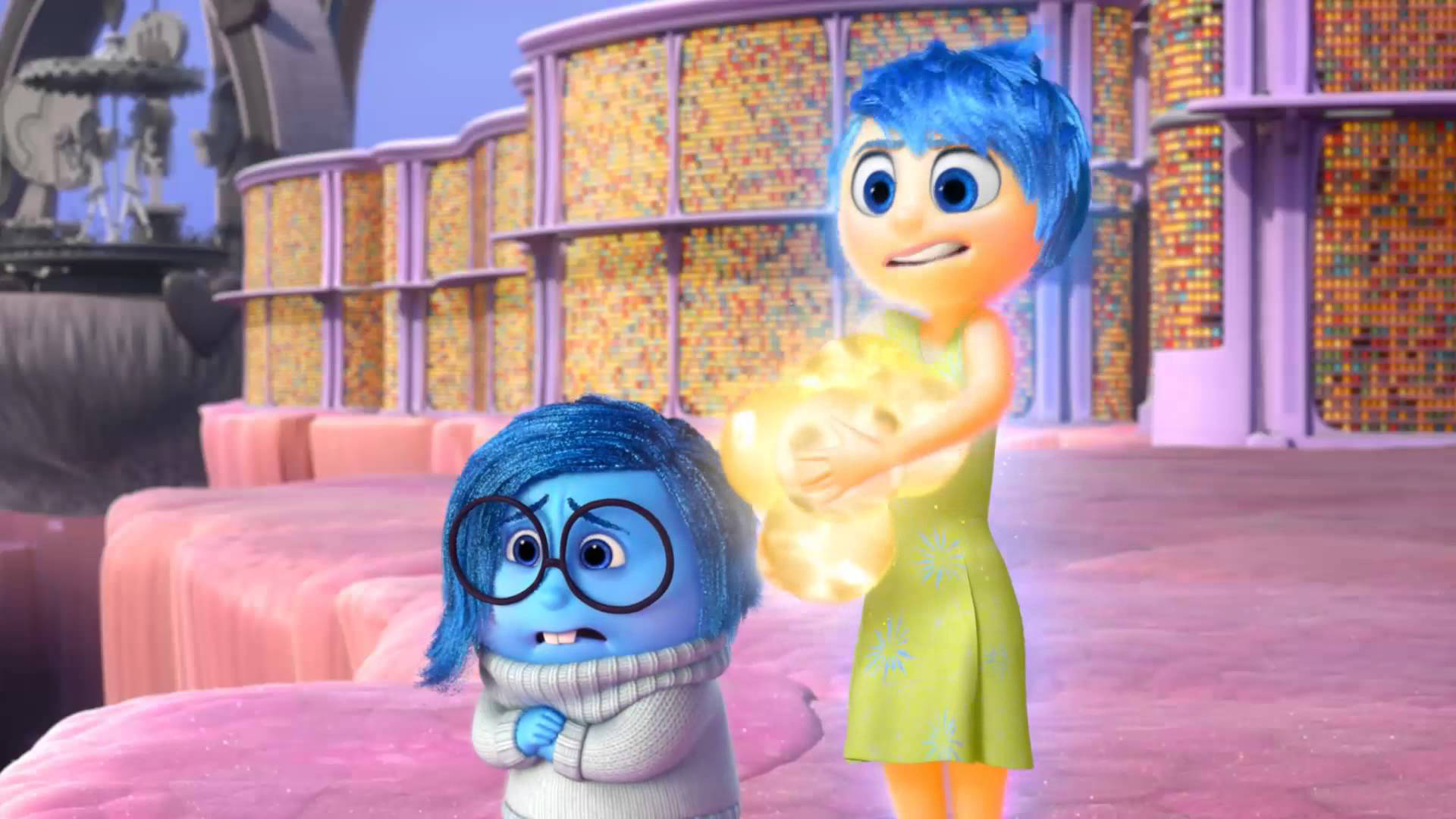 Joy, gold inside out, glowing yellow memory orbs, Full HD Desktop Wallpaper