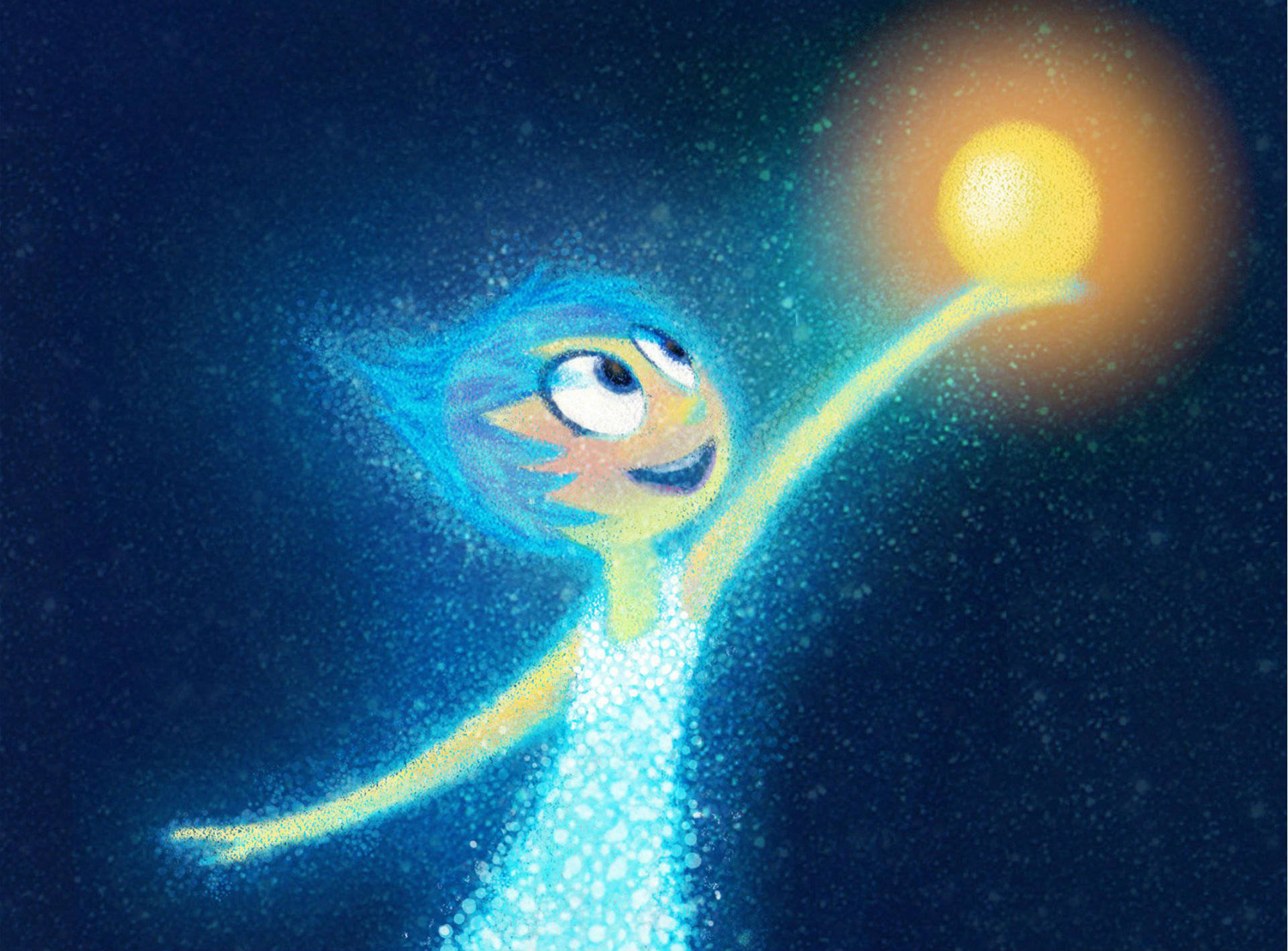 Glowing Blue Joy Inside Out, blue animated character, sparkly texture, Full HD Desktop Wallpaper