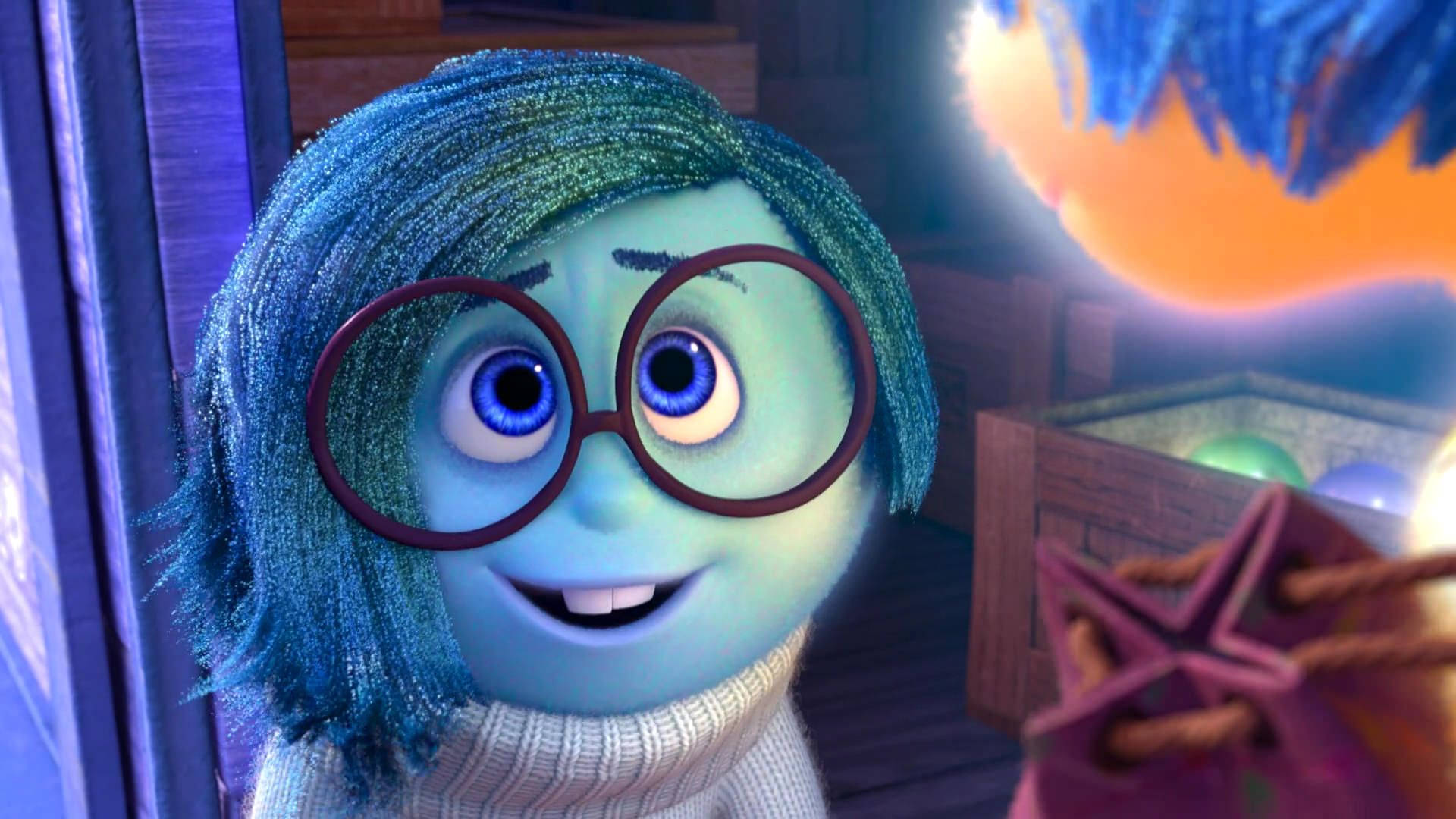 Sadness Inside Out, blue-haired animated character, round glasses, Full HD Desktop Wallpaper