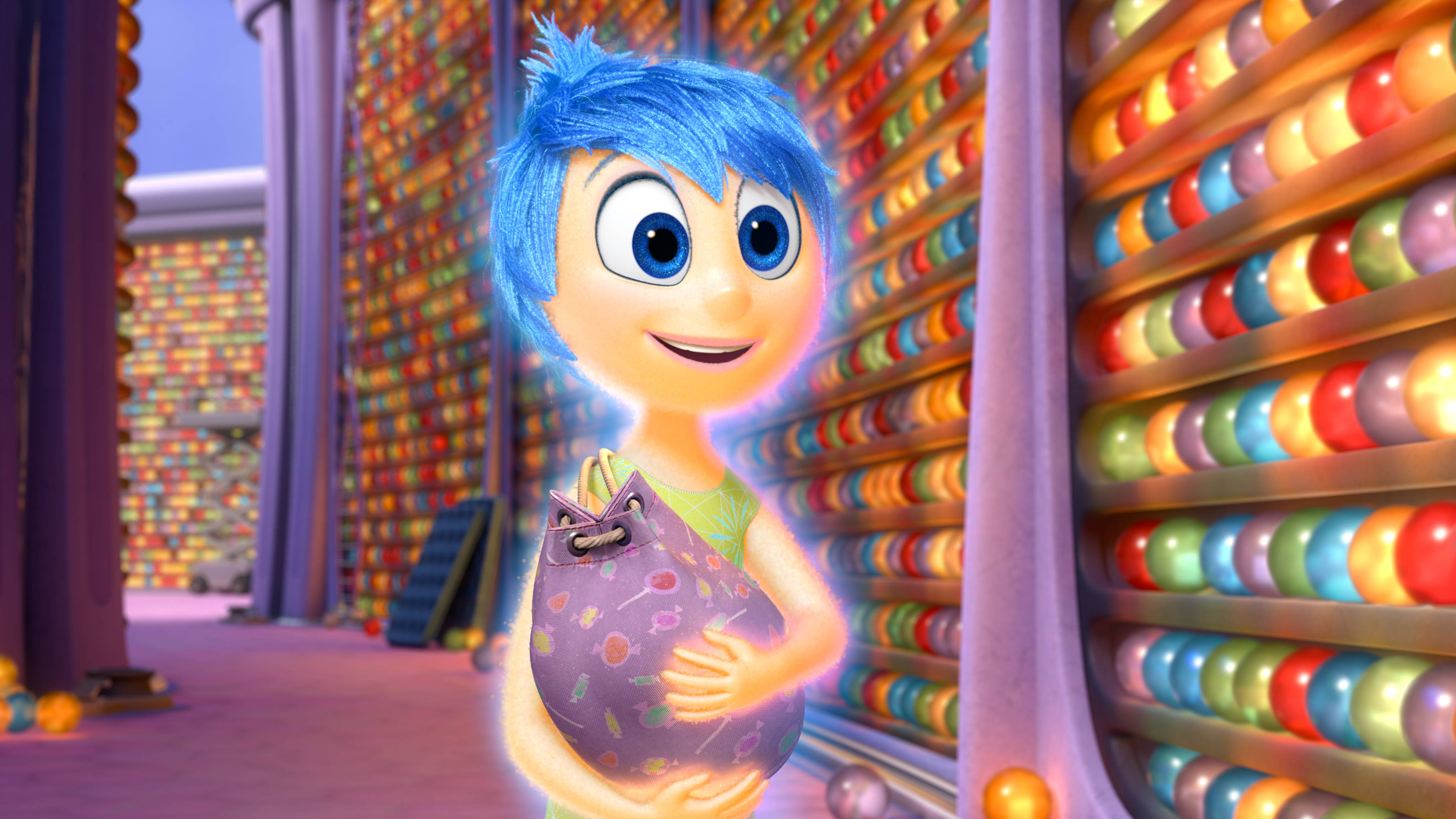 Joy, purple bag, blue-haired animated girl, 4K Desktop Wallpaper