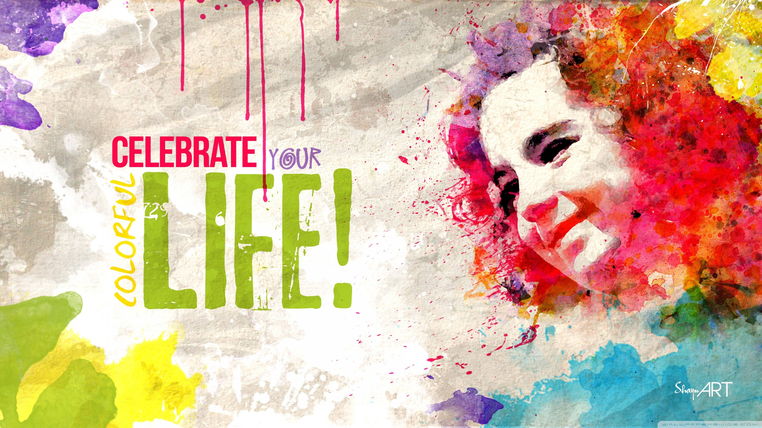 watercolor splash, smiling woman, bold text, 2K Desktop Wallpaper
